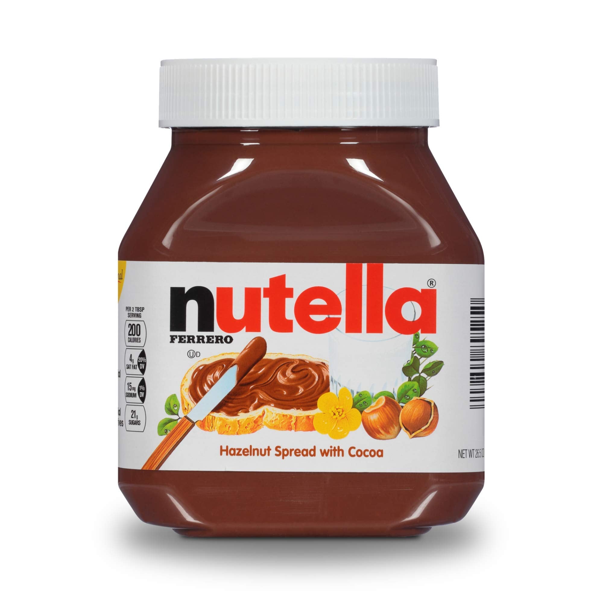 Nutella Ferrero hazelnut spread jar with cocoa, white ribbed lid, front label view