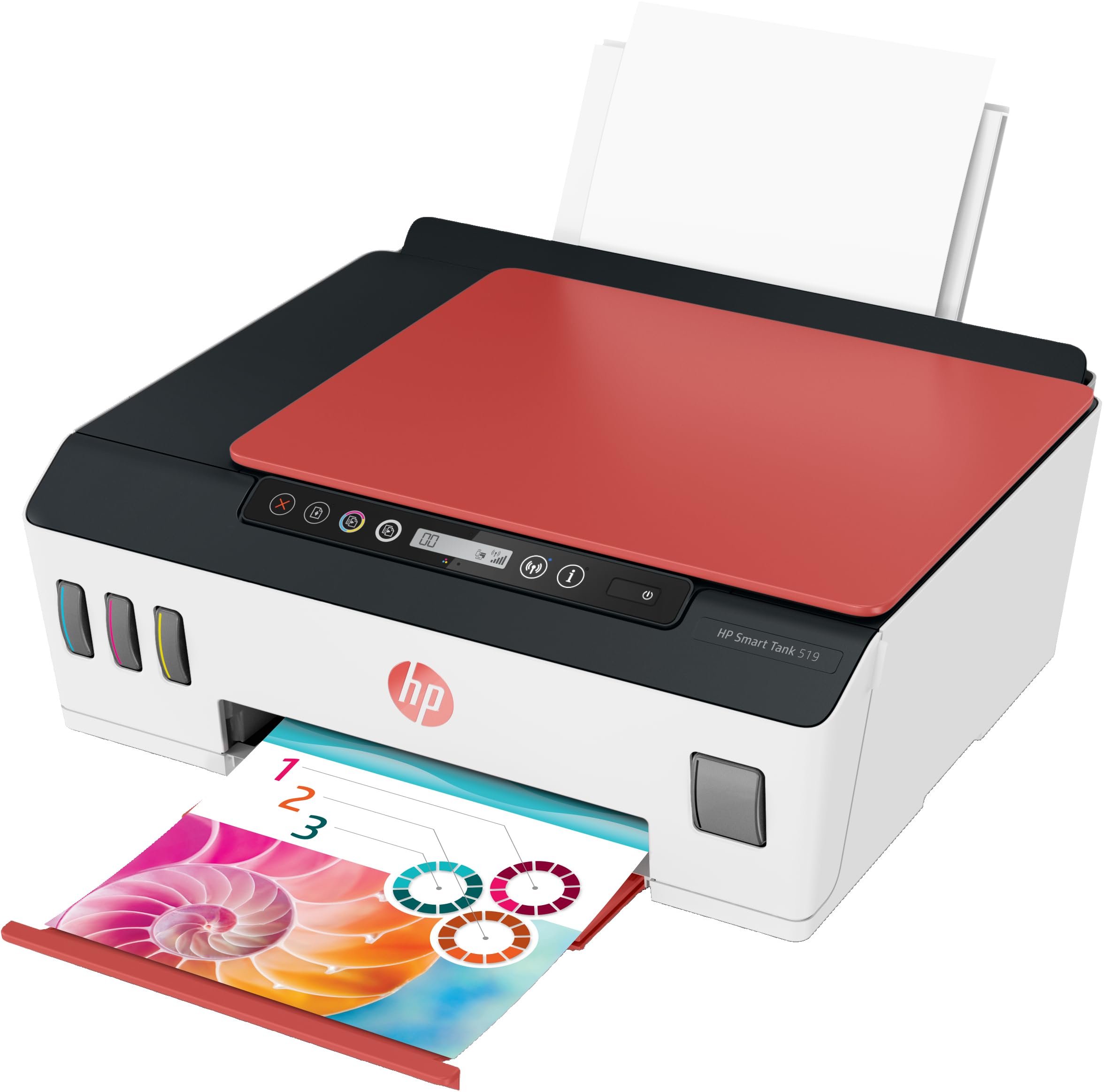 White HP all-in-one inkjet printer with red top cover and front paper feed area