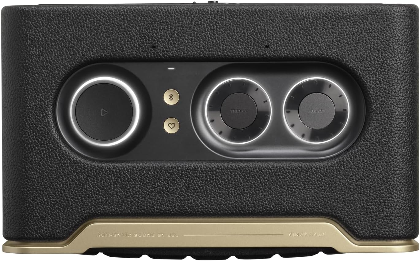 JBL smart home speaker top controls with two large knobs and small selector buttons