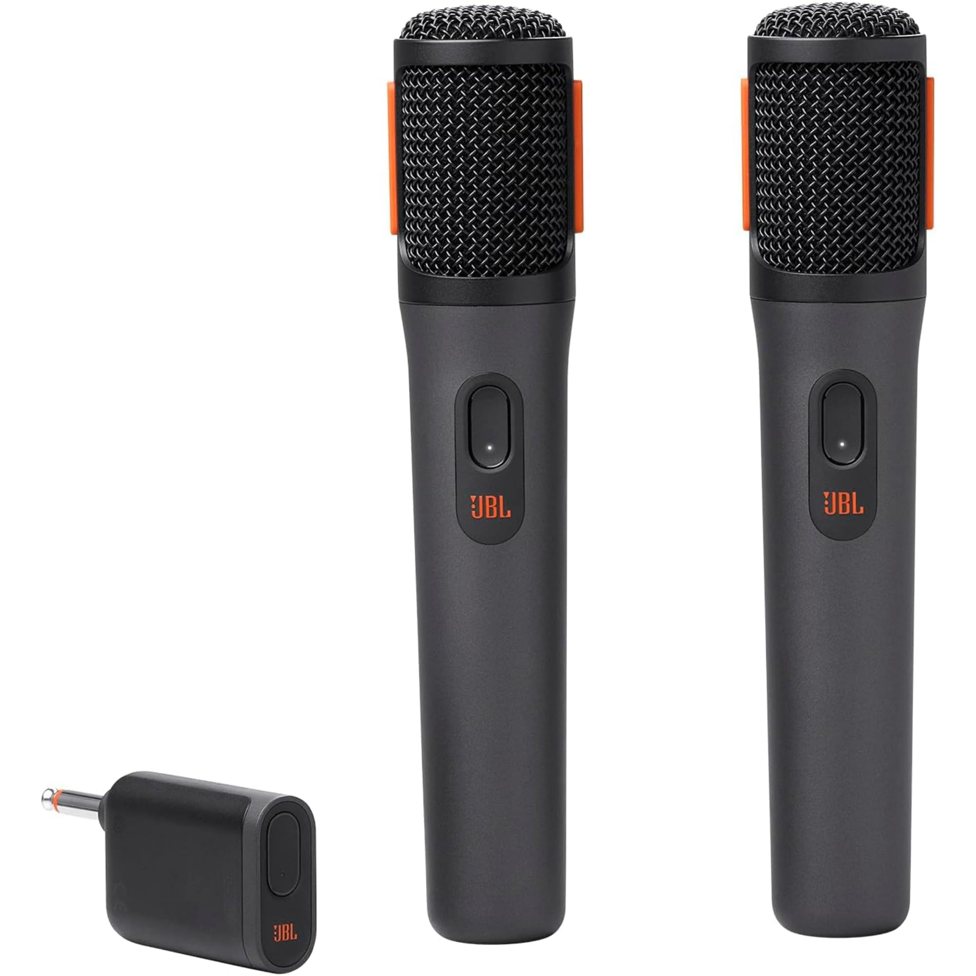 JBL PartyBox handheld mic set with textured black mesh heads and JBL logo