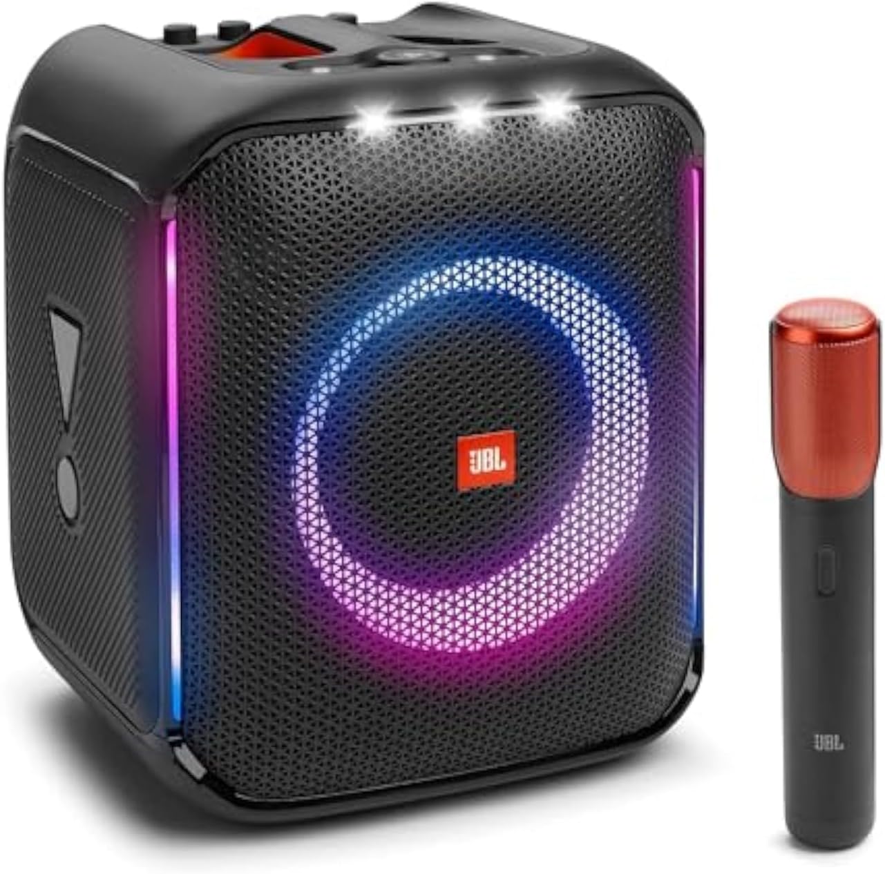 JBL PartyBox portable Bluetooth speaker with multicolor ring lights and handheld microphone