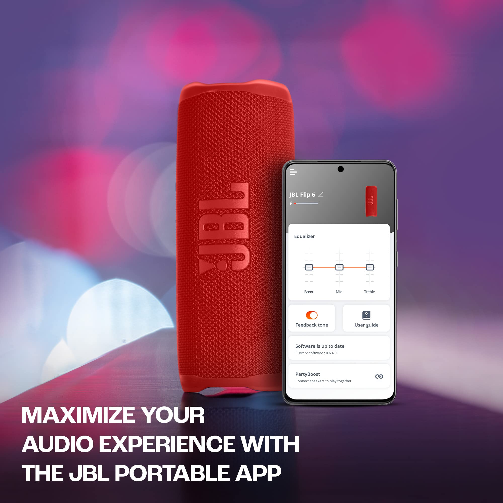 JBL Flip 6 red portable speaker next to a smartphone with app screen