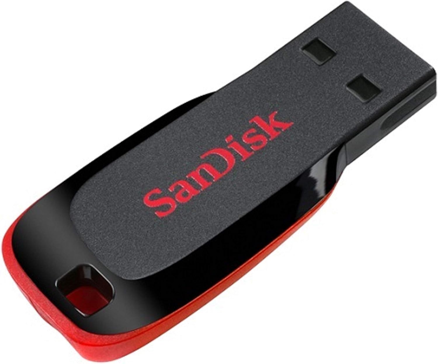 SanDisk USB flash drive with black body and red trim, logo on sliding cap