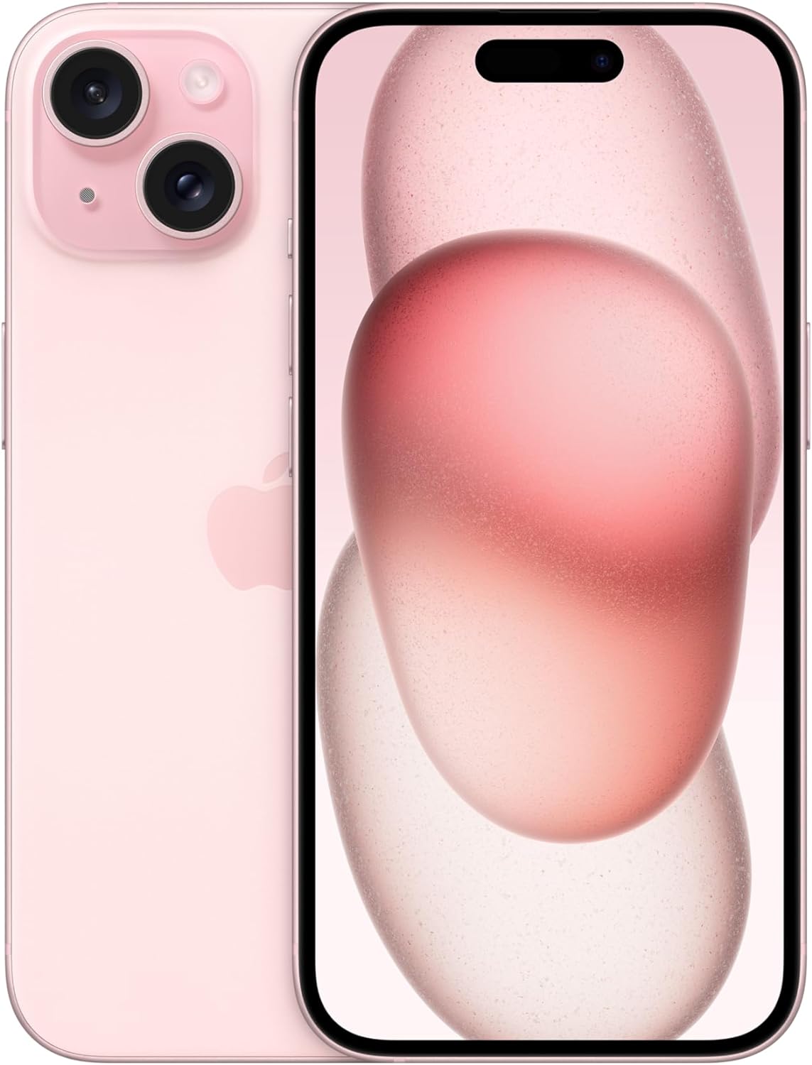 Apple iPhone 15 in pink, front and back view with dual camera lenses
