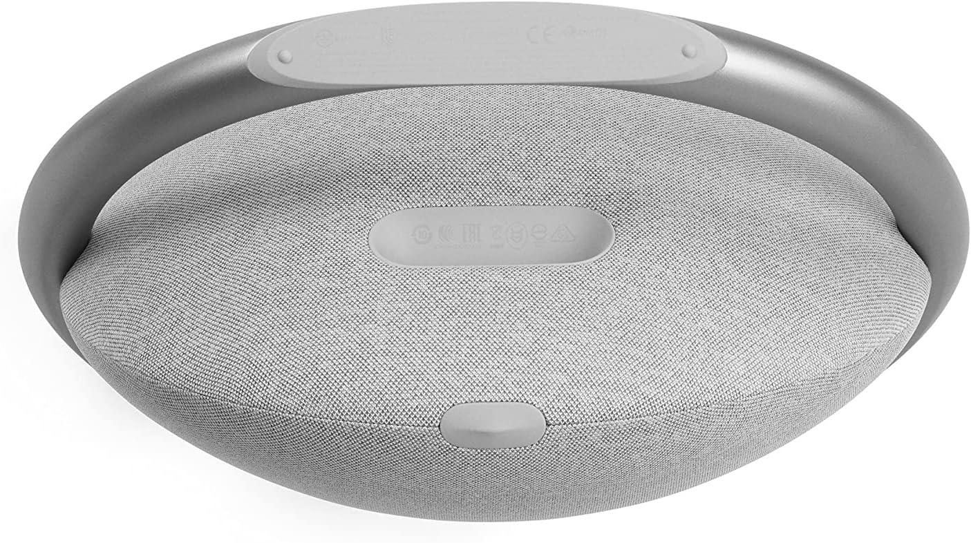 Portable Bluetooth speaker by Harman Kardon, light gray top panel with oval control area