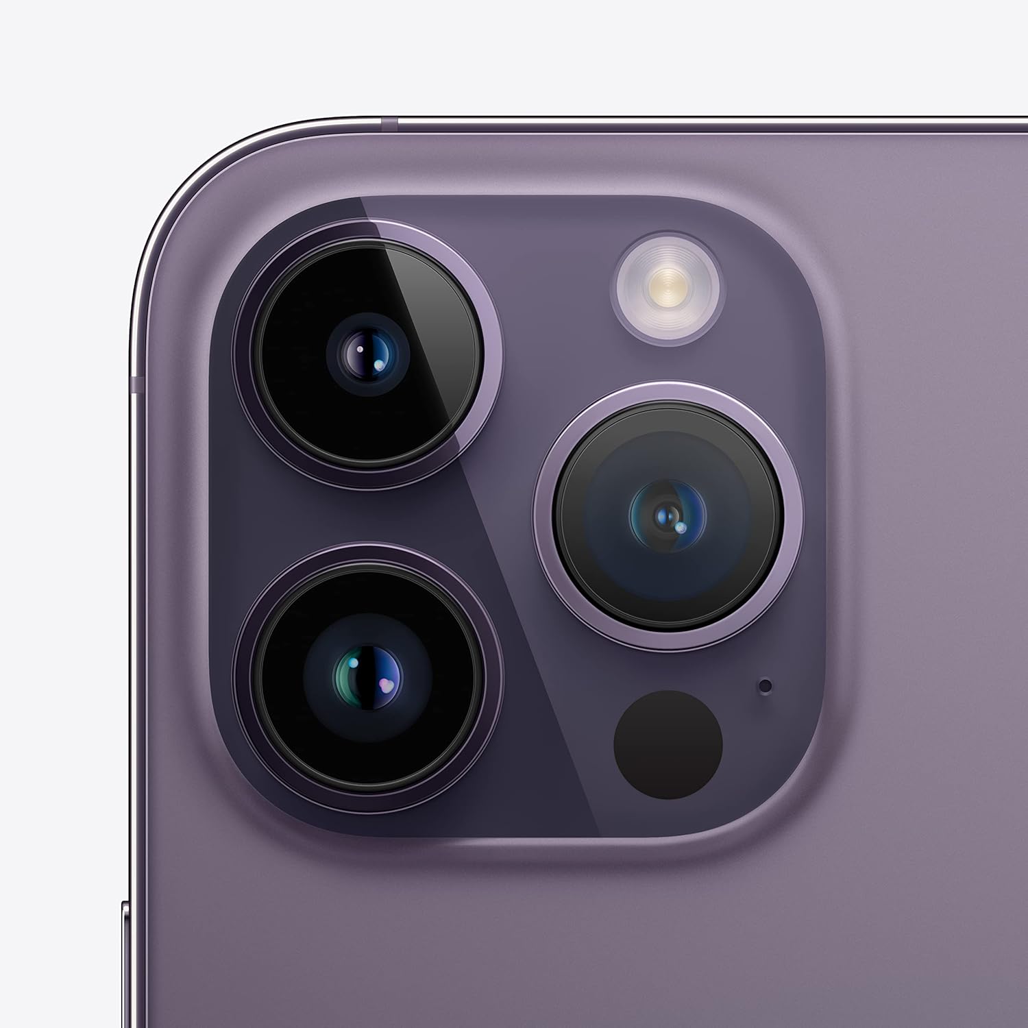 Deep Purple iPhone 14 Pro Max back close-up, triple-camera lenses and flash