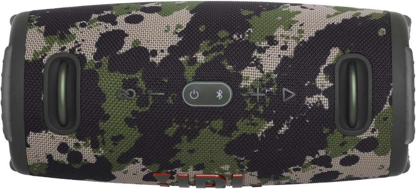 Portable waterproof Bluetooth speaker, camo front with control buttons and dual side vents
