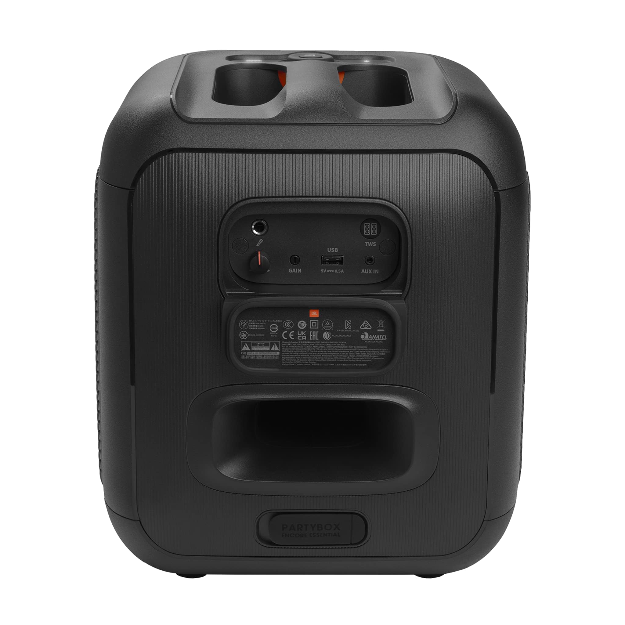 JBL PartyBox portable Bluetooth speaker rear inputs panel with ports and labels