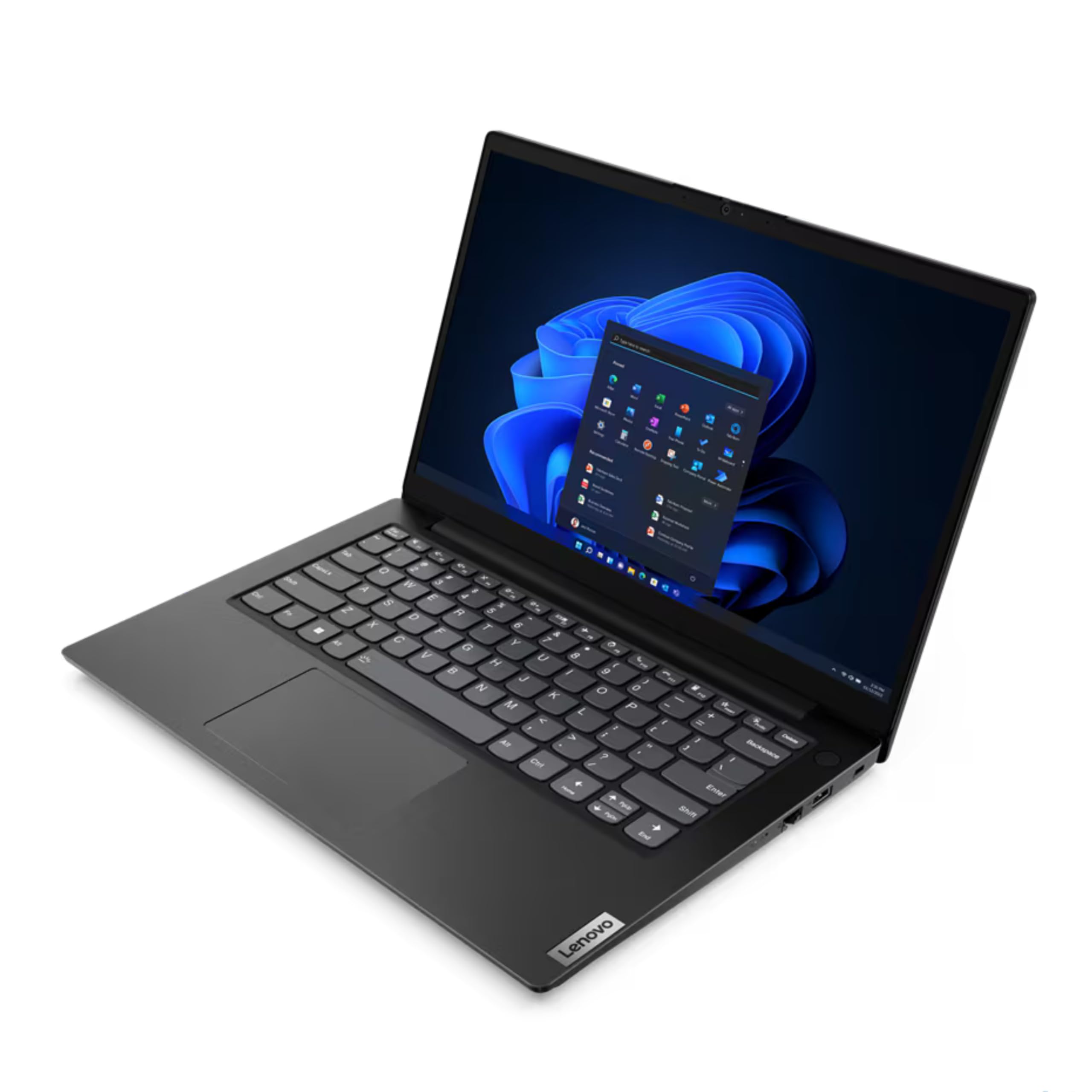 Black Lenovo laptop open, showing trackpad, keyboard, and 14-inch screen