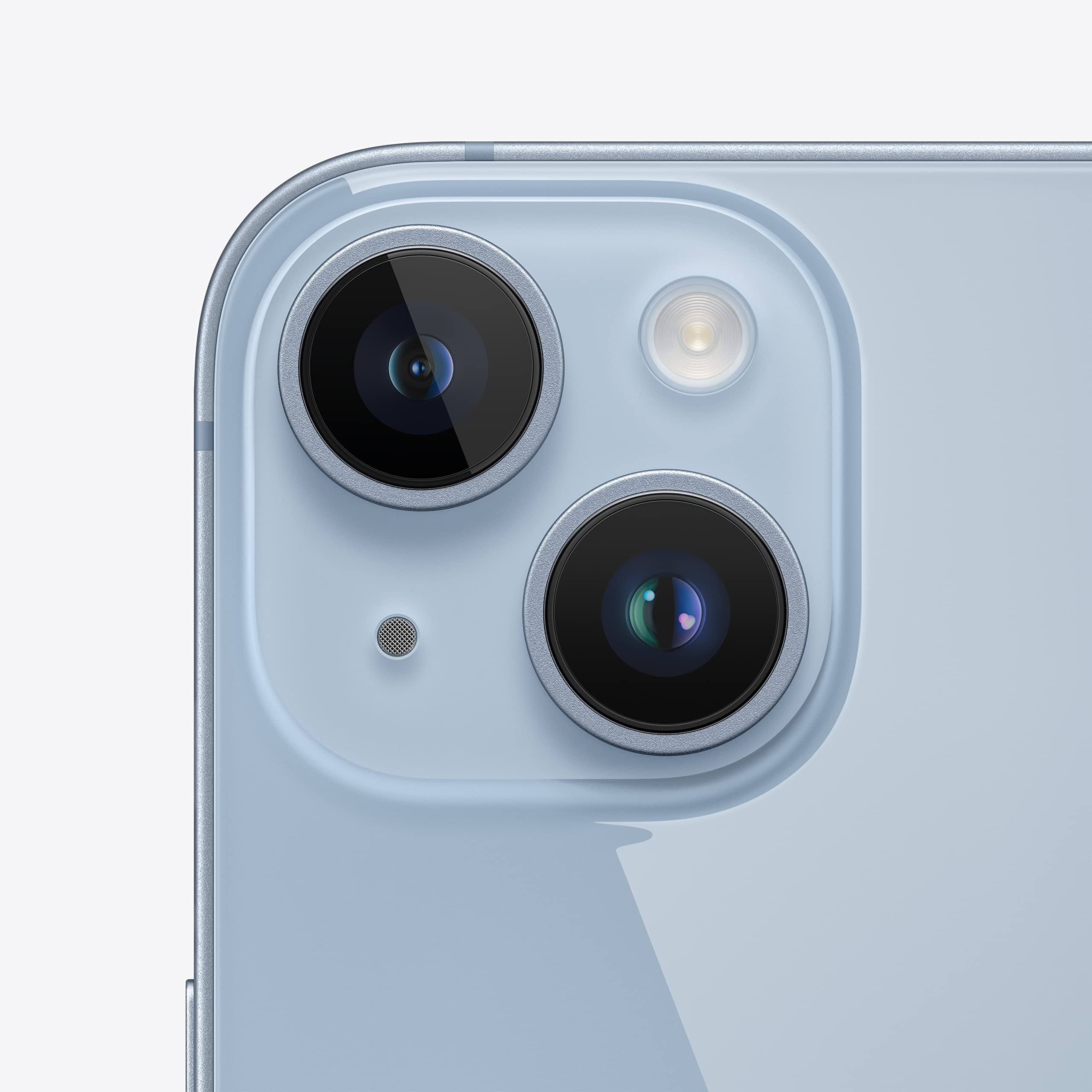 Smartphone close-up of light blue back with dual rear camera lenses and flash