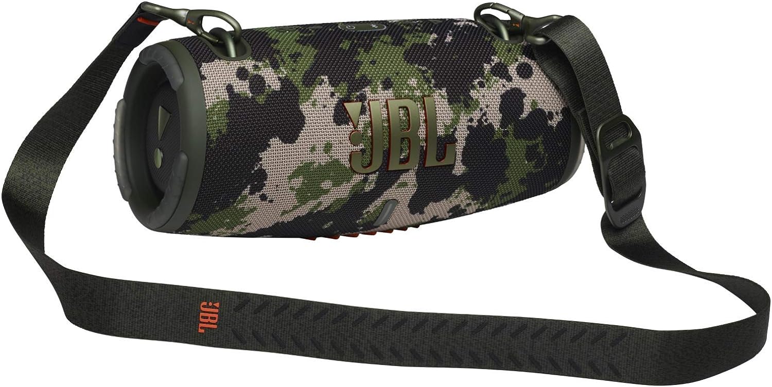 Portable waterproof speaker with camouflage fabric and dark adjustable shoulder strap