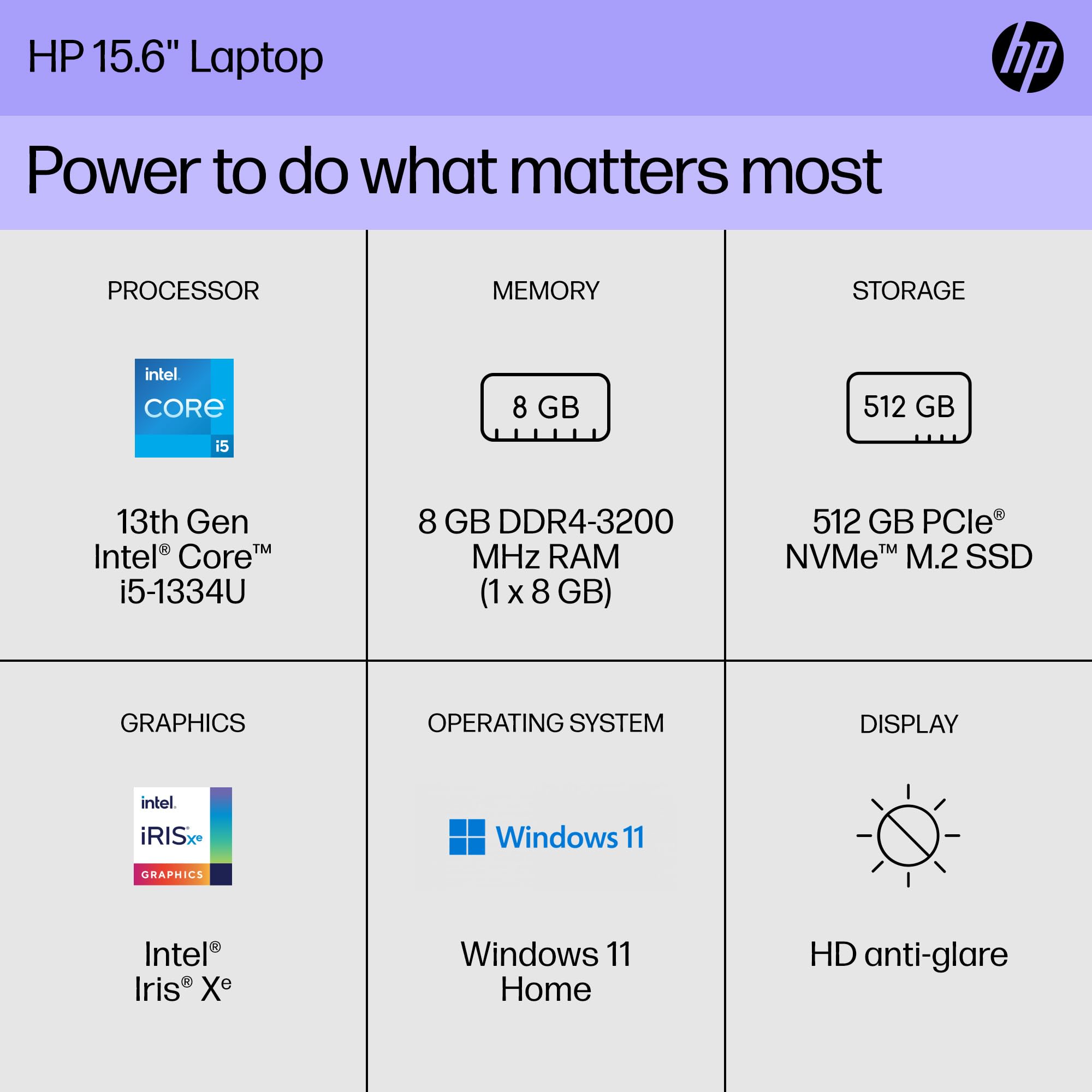HP 15.6-inch laptop spec view with keyboard and screen in close-up