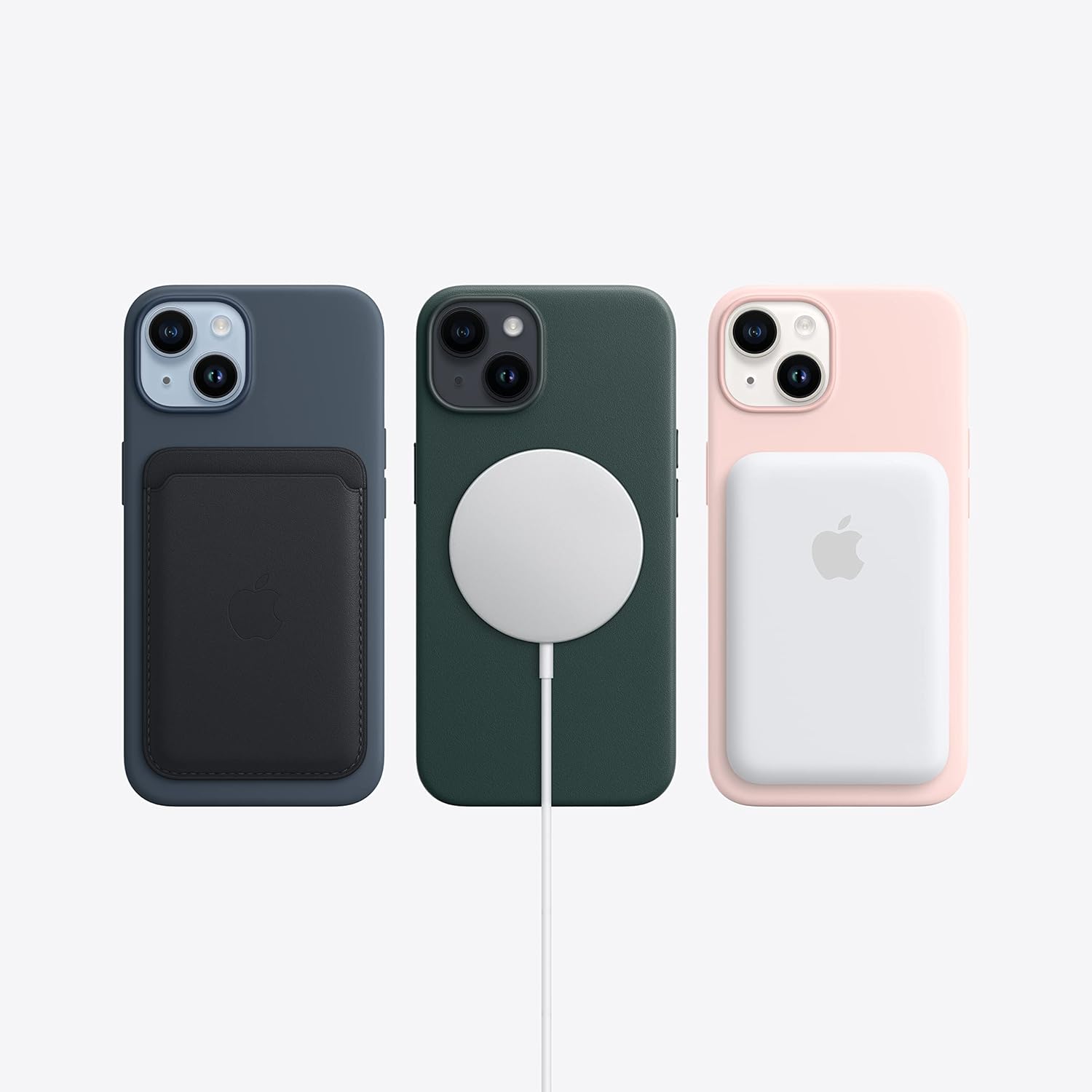 Three iPhones with back panels, one with wireless charging pad and cable