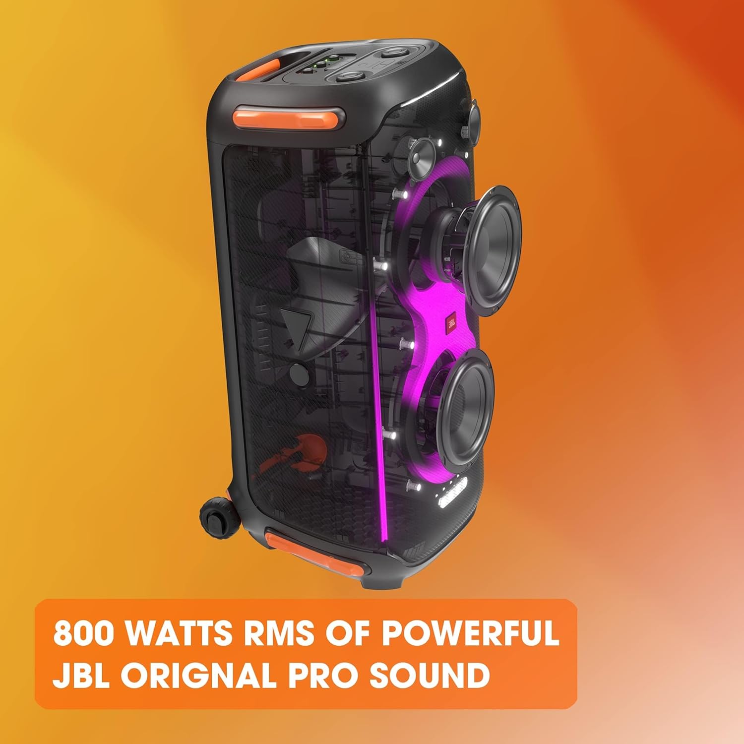 Black JBL PartyBox portable Bluetooth speaker with orange handle and magenta/purple light bars