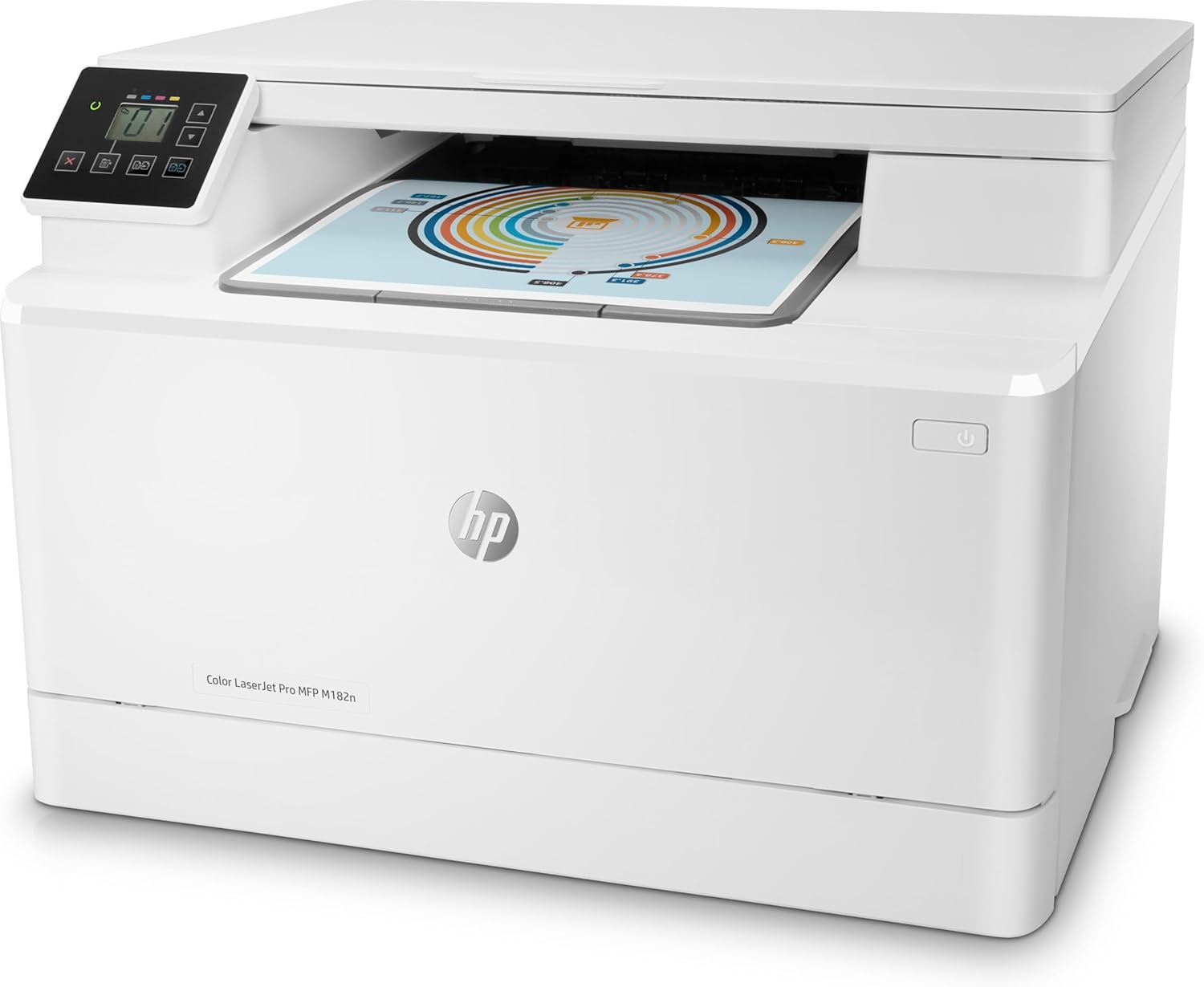 HP Color LaserJet Pro MFP M182n color laser printer angled view with control panel and output area