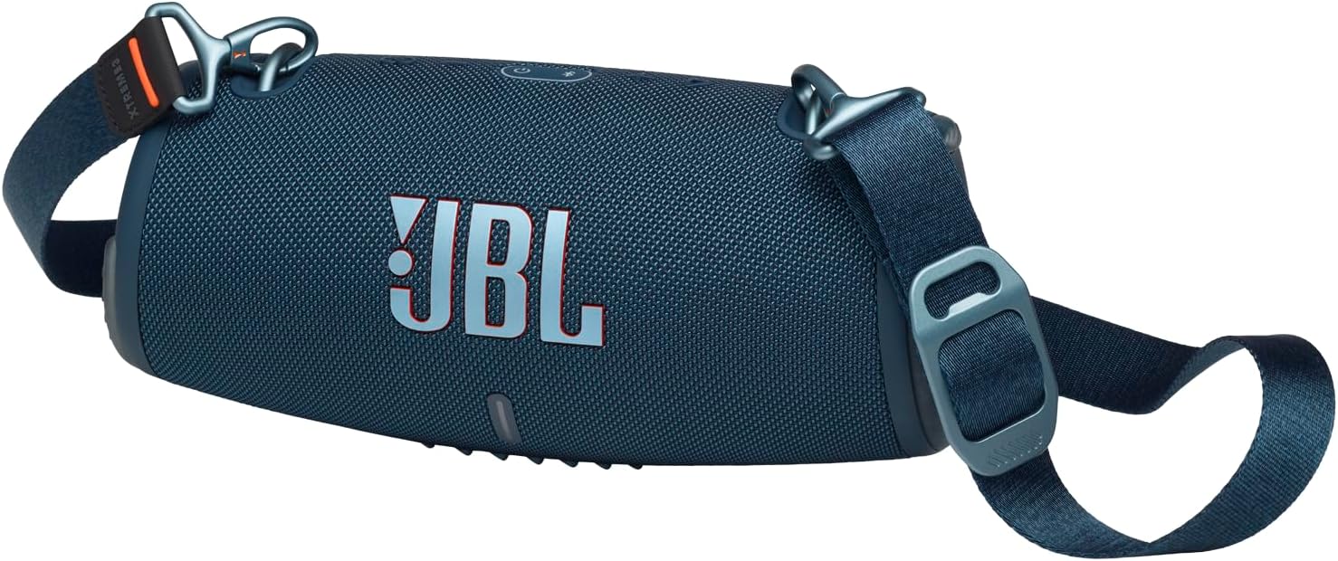 Portable waterproof speaker in blue with carabiner-style strap attachment and controls