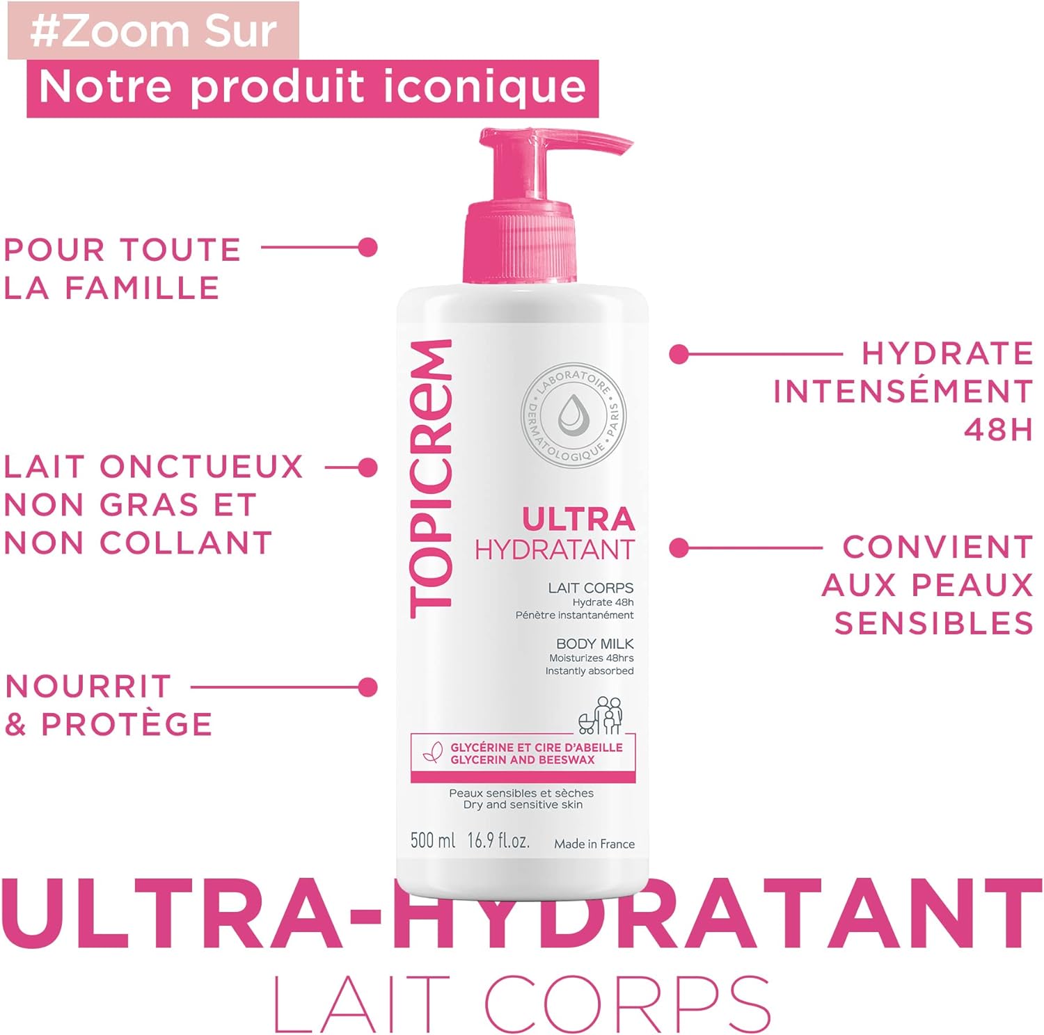 Topicrem Ultra Hydratant body milk lotion bottle with pink pump on product info panel