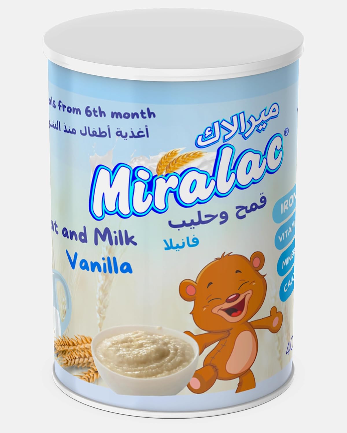 Vanilla wheat and milk infant formula tub, 400g, with teddy bear graphics