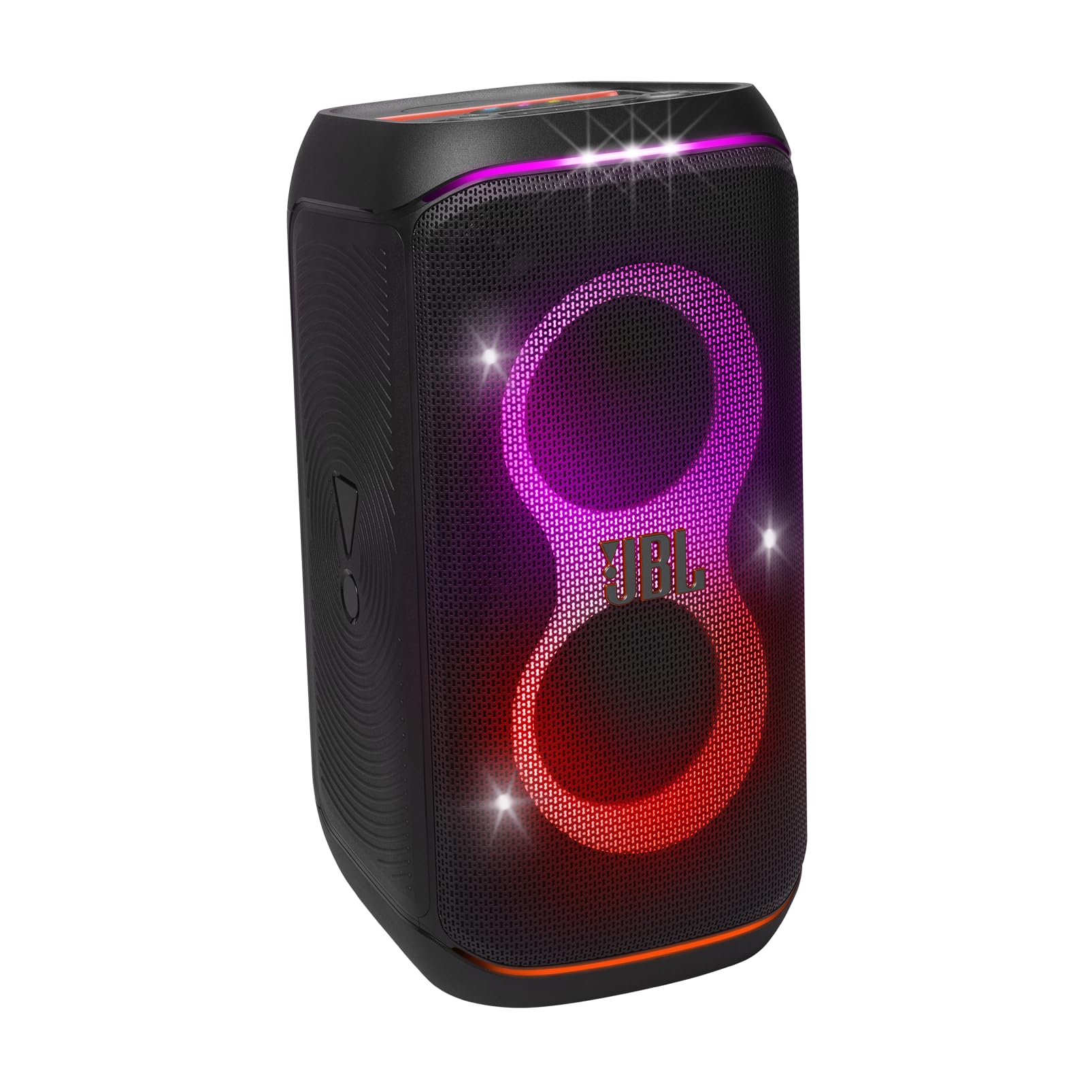 Portable Bluetooth speaker with vertical LED lights and JBL logo on the front