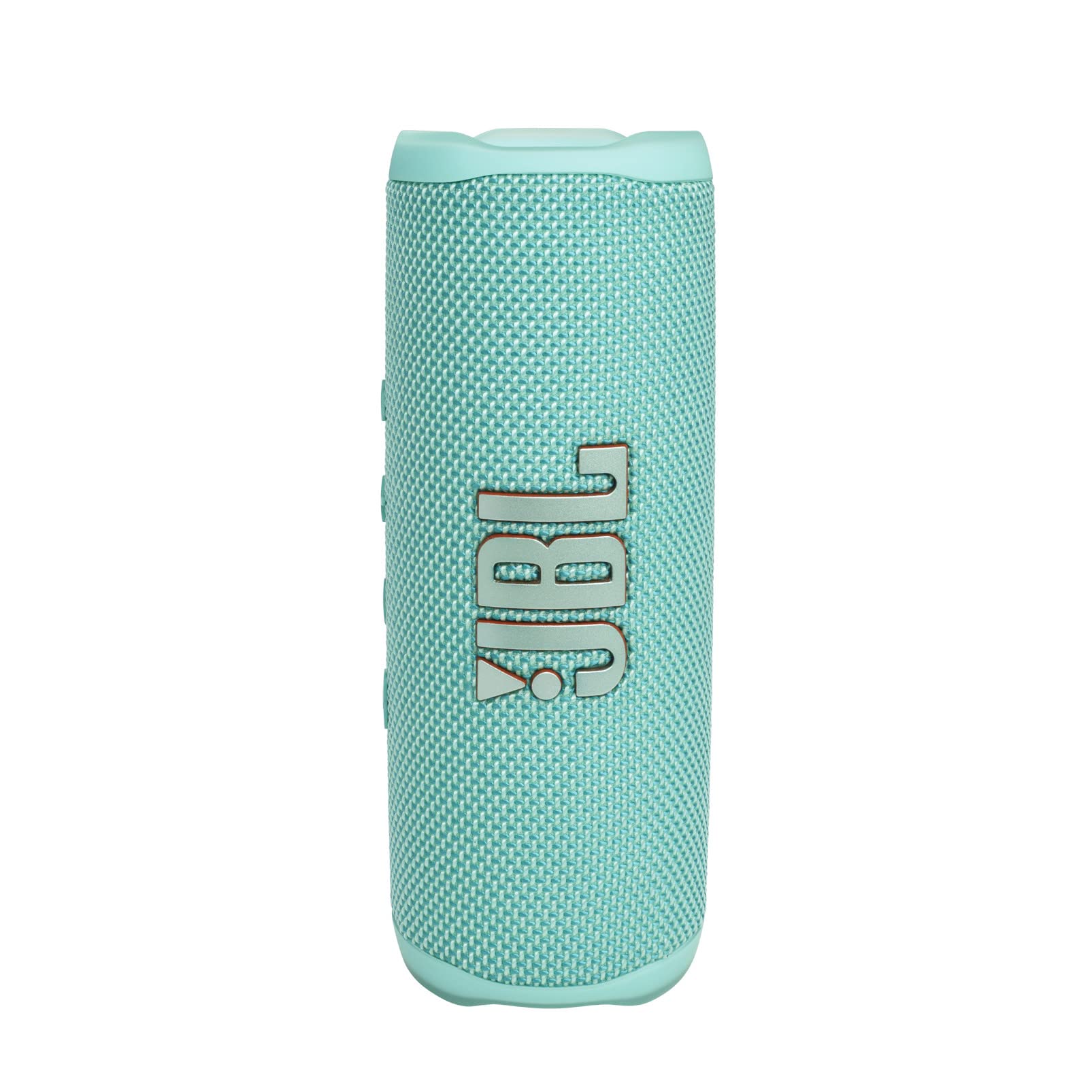 Portable JBL Flip 6 speaker in teal fabric with JBL logo and side button strip