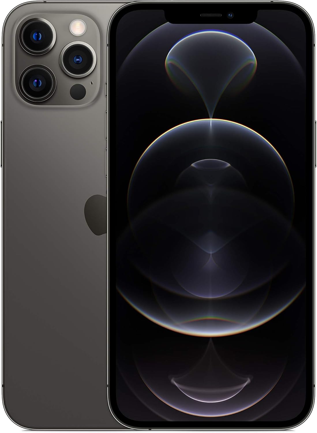 iPhone 12 Pro Max smartphone with graphite back and front display, triple camera module visible