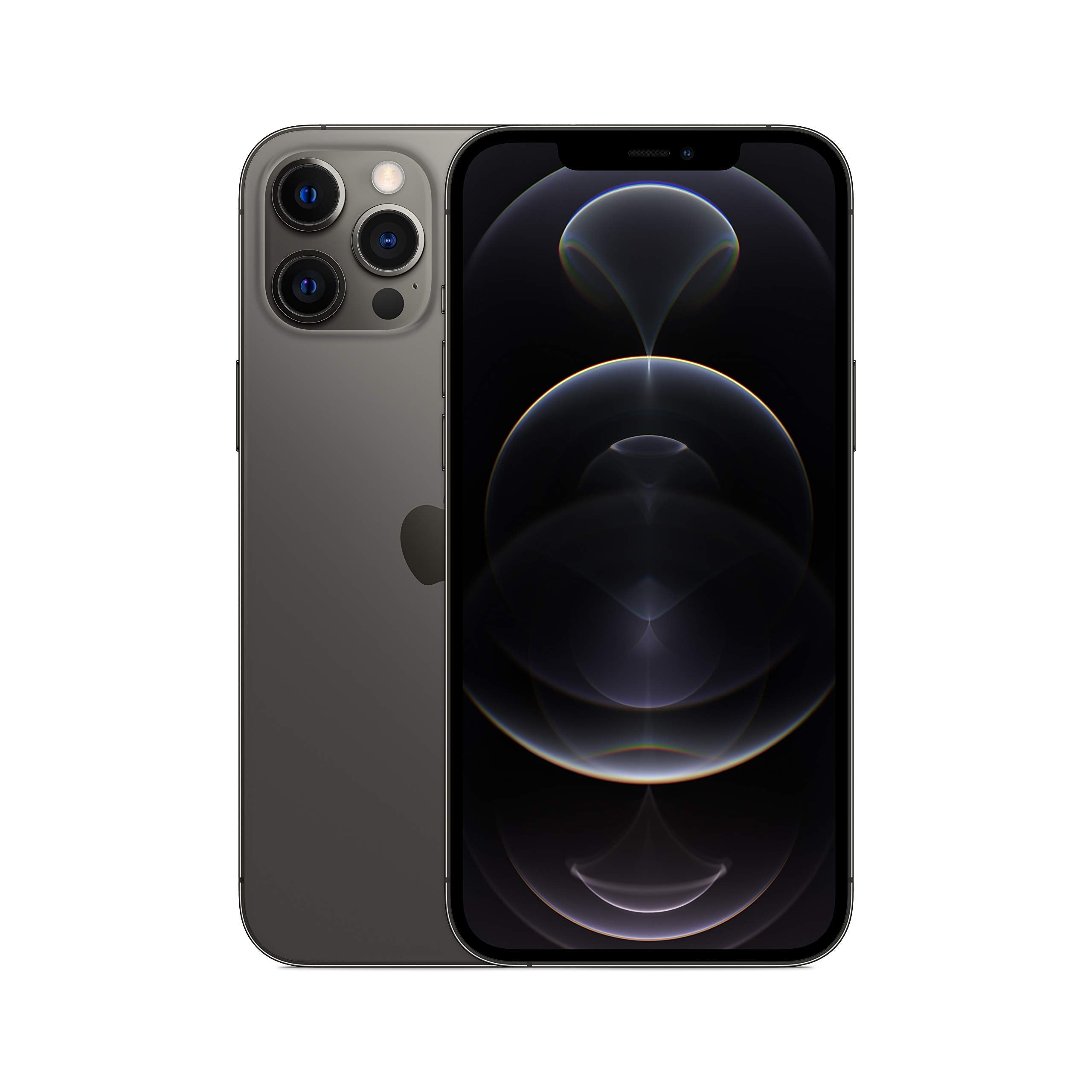 iPhone 12 Pro Max smartphone with gray back and front display, triple camera module visible