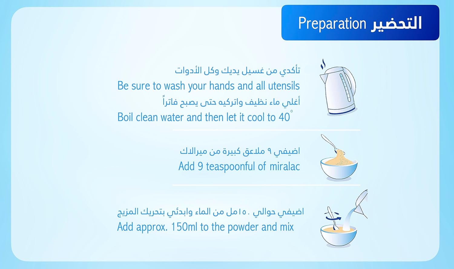Miralac cereal preparation steps panel with boil water and mix directions
