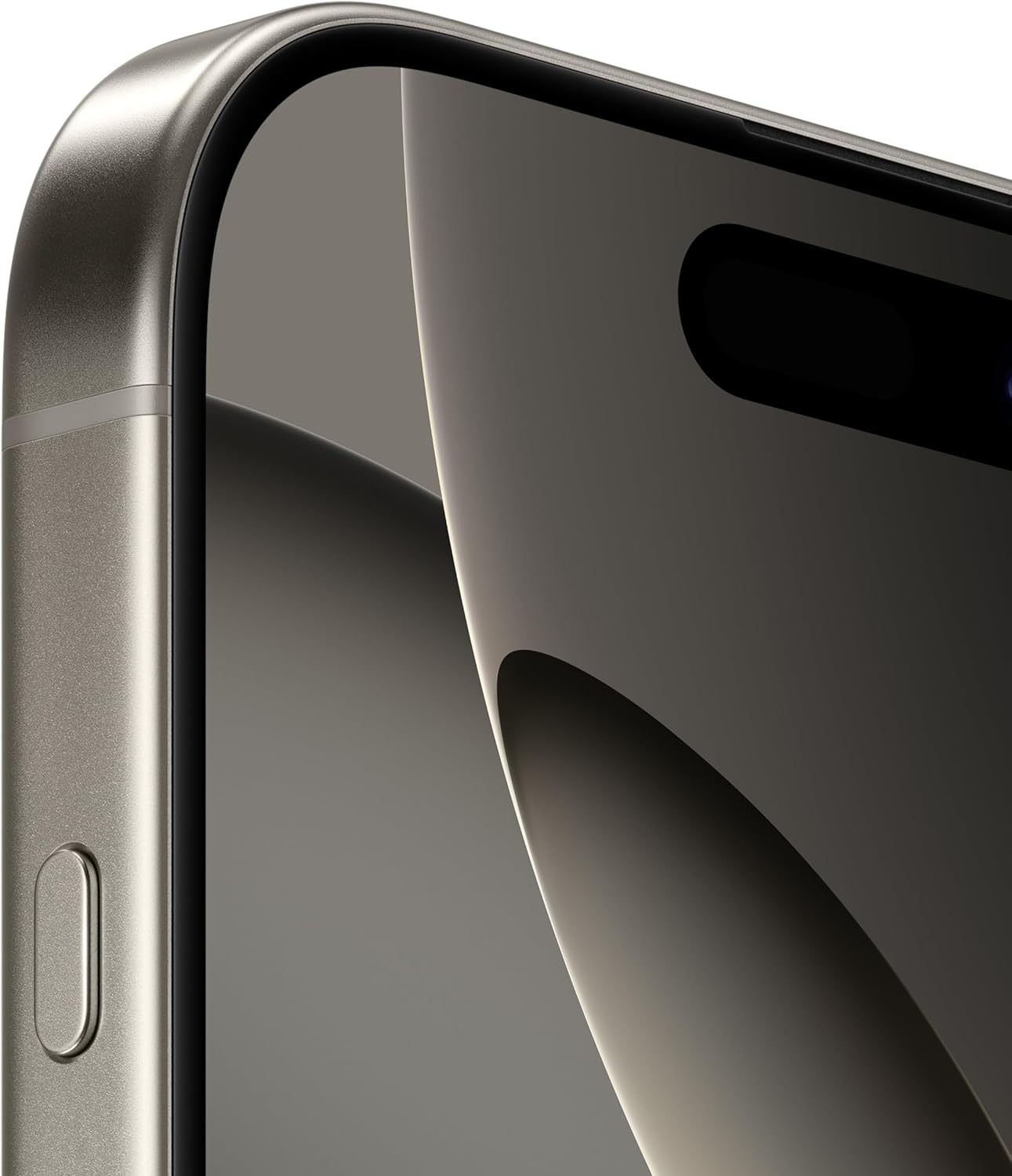 Black titanium iPhone front close-up showing curved display and left-side button