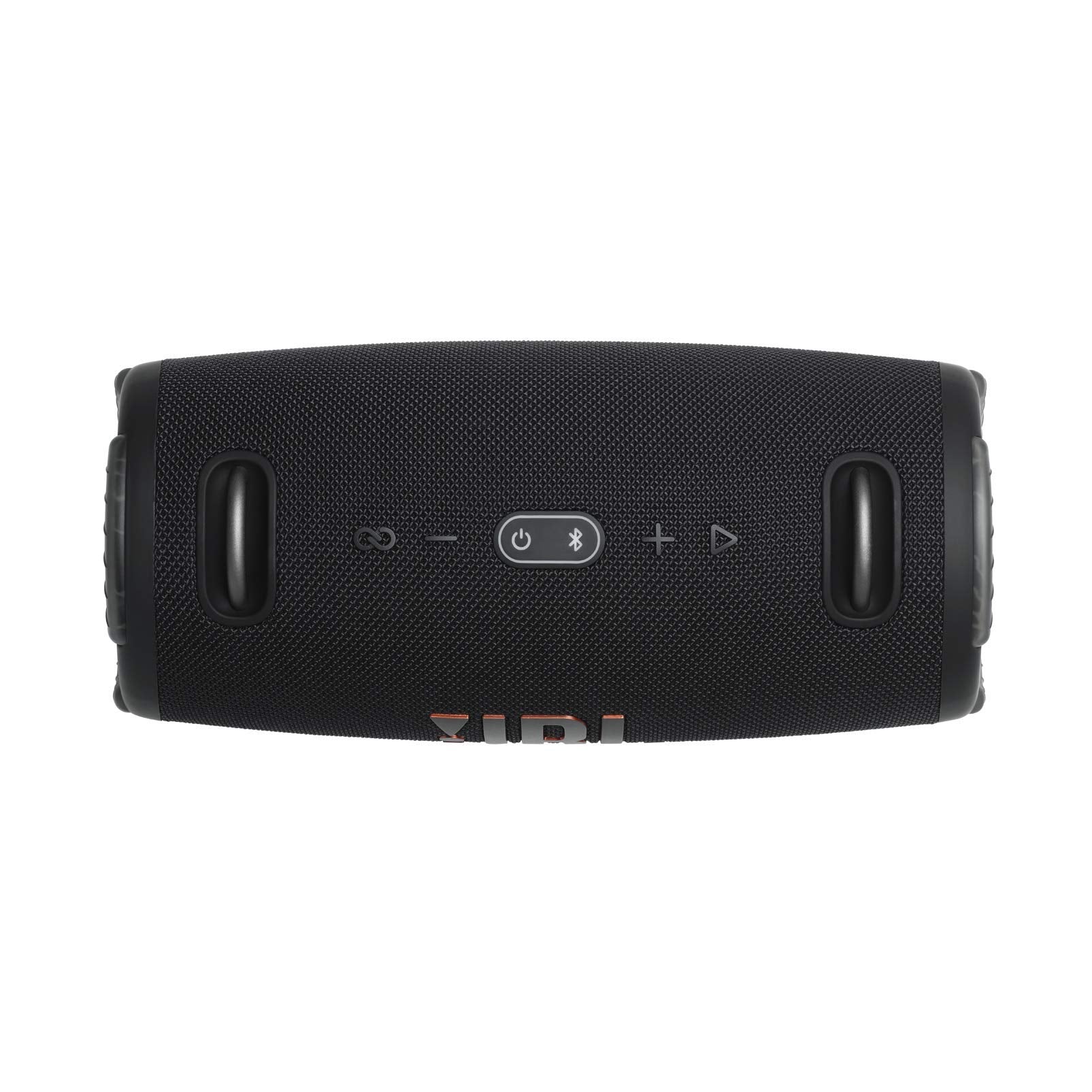 Portable waterproof Bluetooth speaker in black with control buttons and side end caps