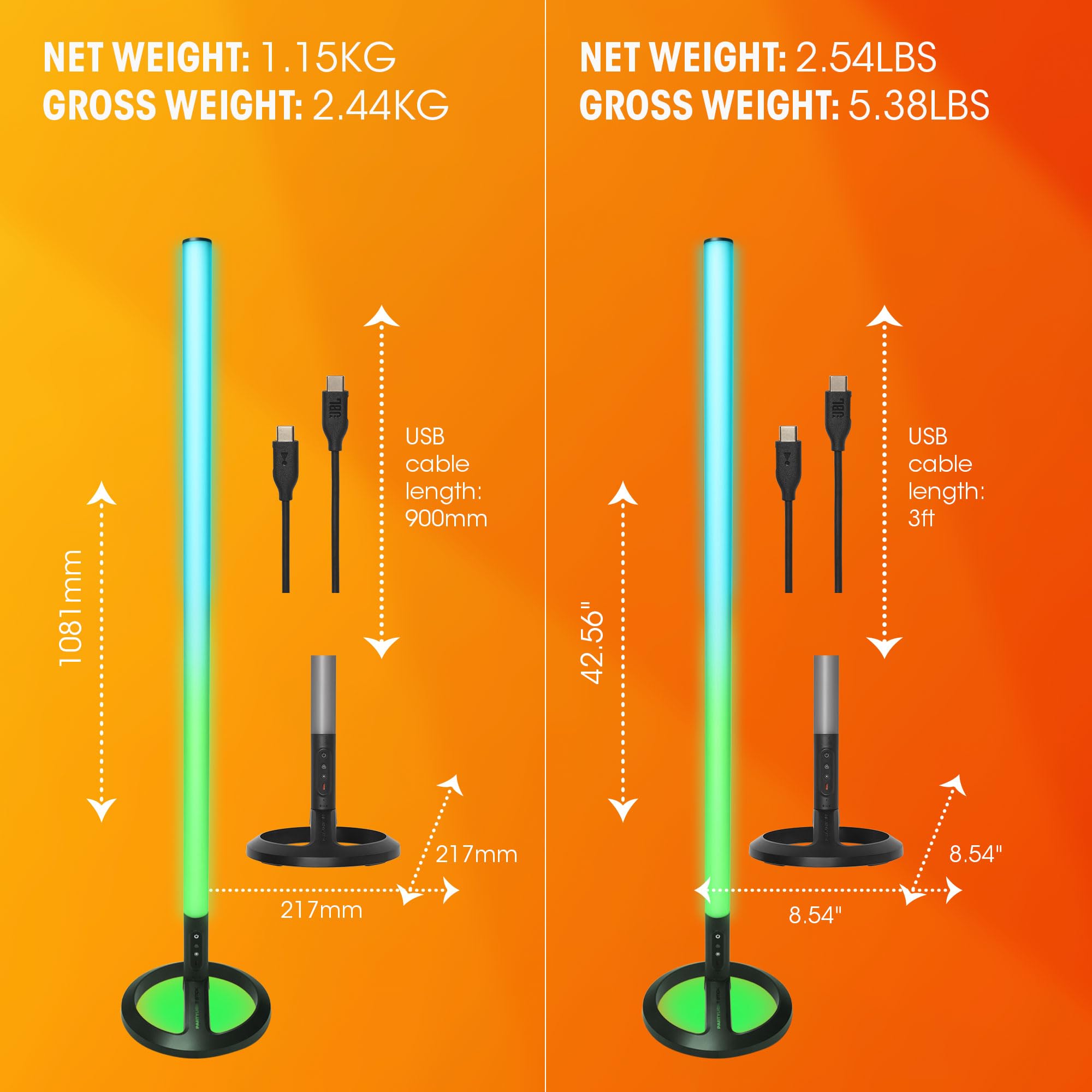LED light bar stand with USB cable length and height measurements