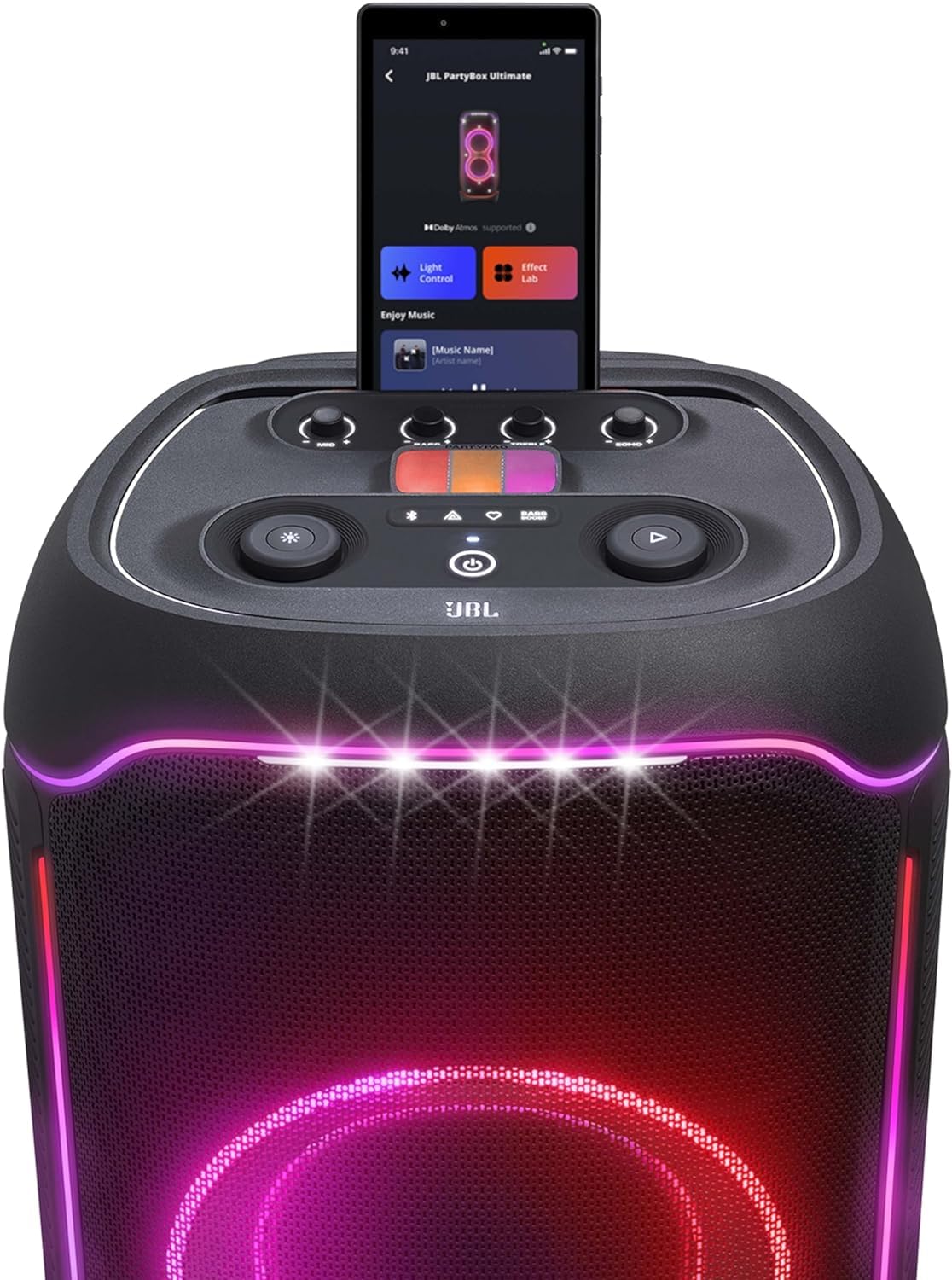 Portable Bluetooth speaker with top controls and phone-style screen for lighting