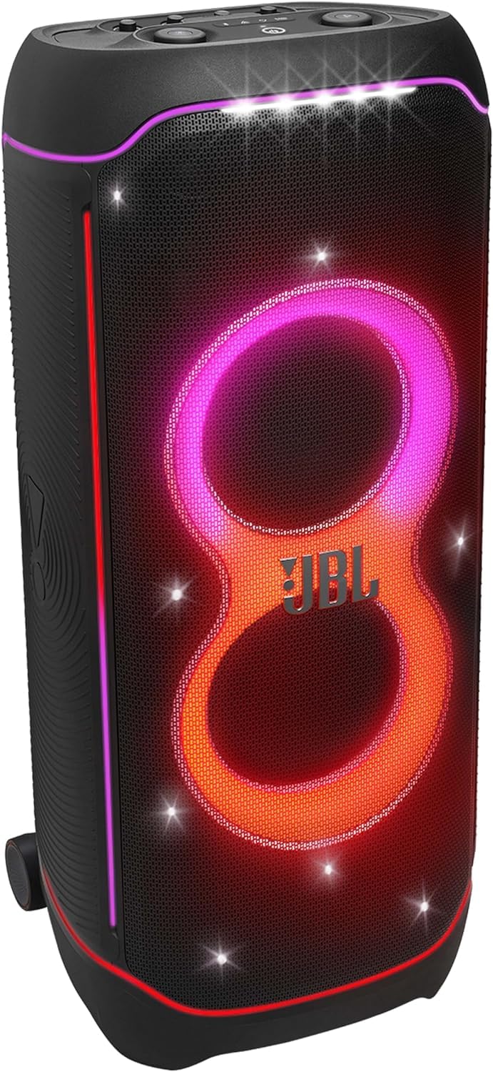Portable Bluetooth speaker front with dual RGB rings, JBL logo, and purple accents