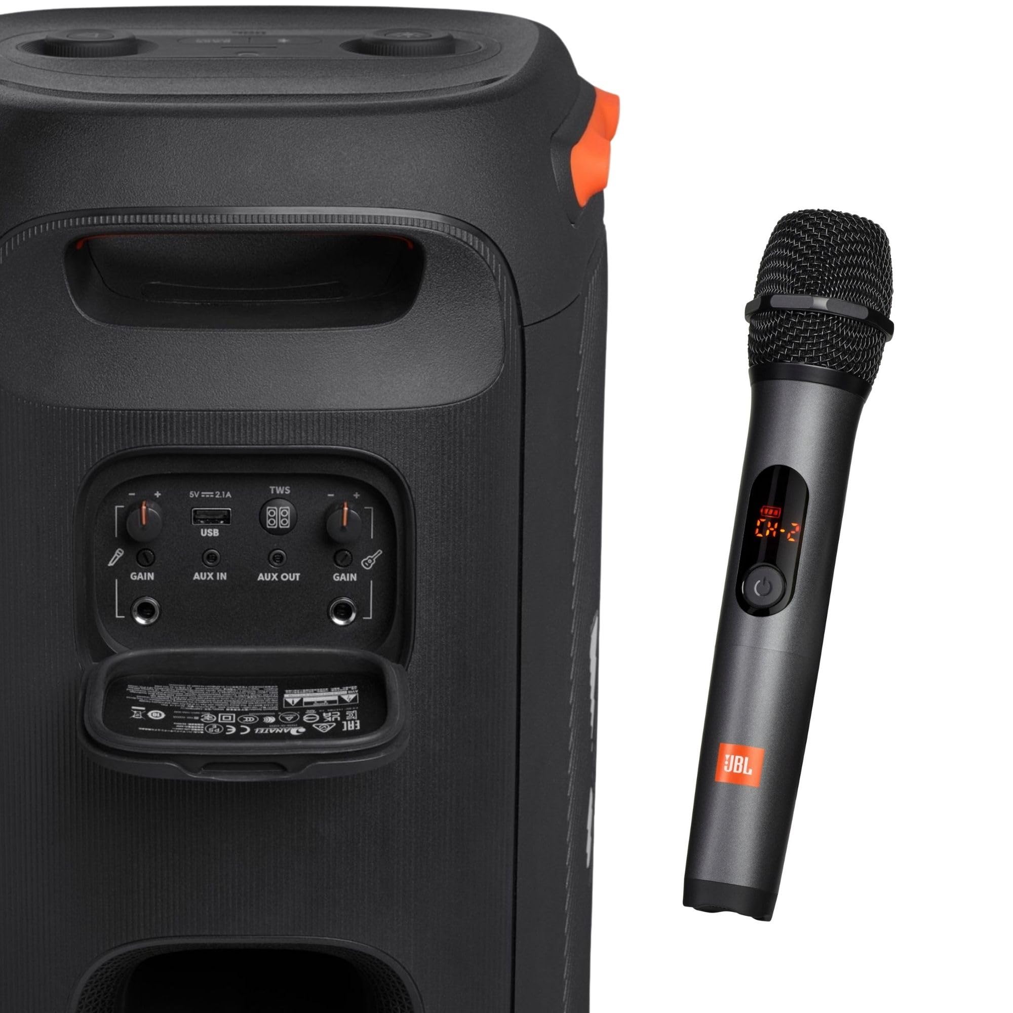 Black portable party speaker rear controls with wireless handheld microphone, close-up.