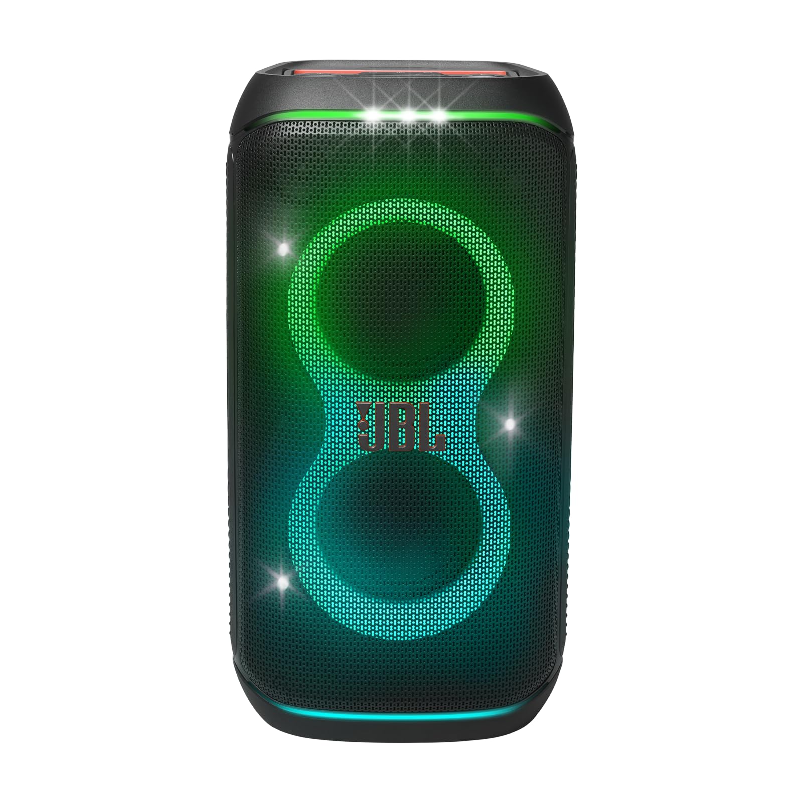 Portable Bluetooth speaker front view, black with green LED light rings and JBL logo
