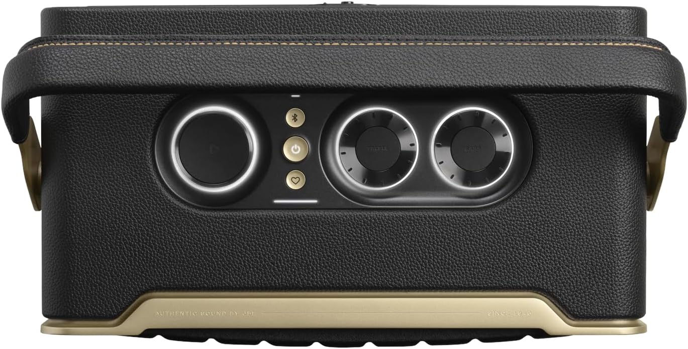 JBL retro smart speaker top control panel with two large knobs on black surface