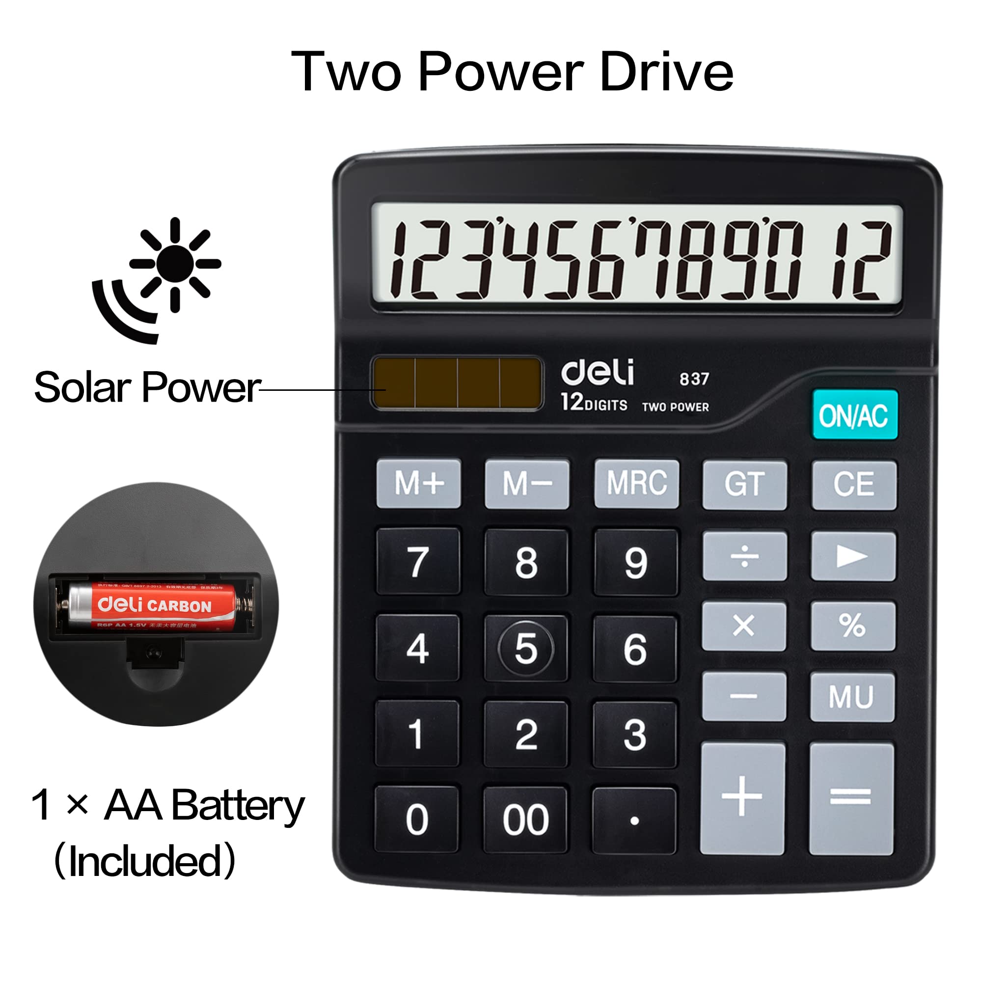 Desktop calculator with dark keypad, LCD display, and blue ON/AC power button