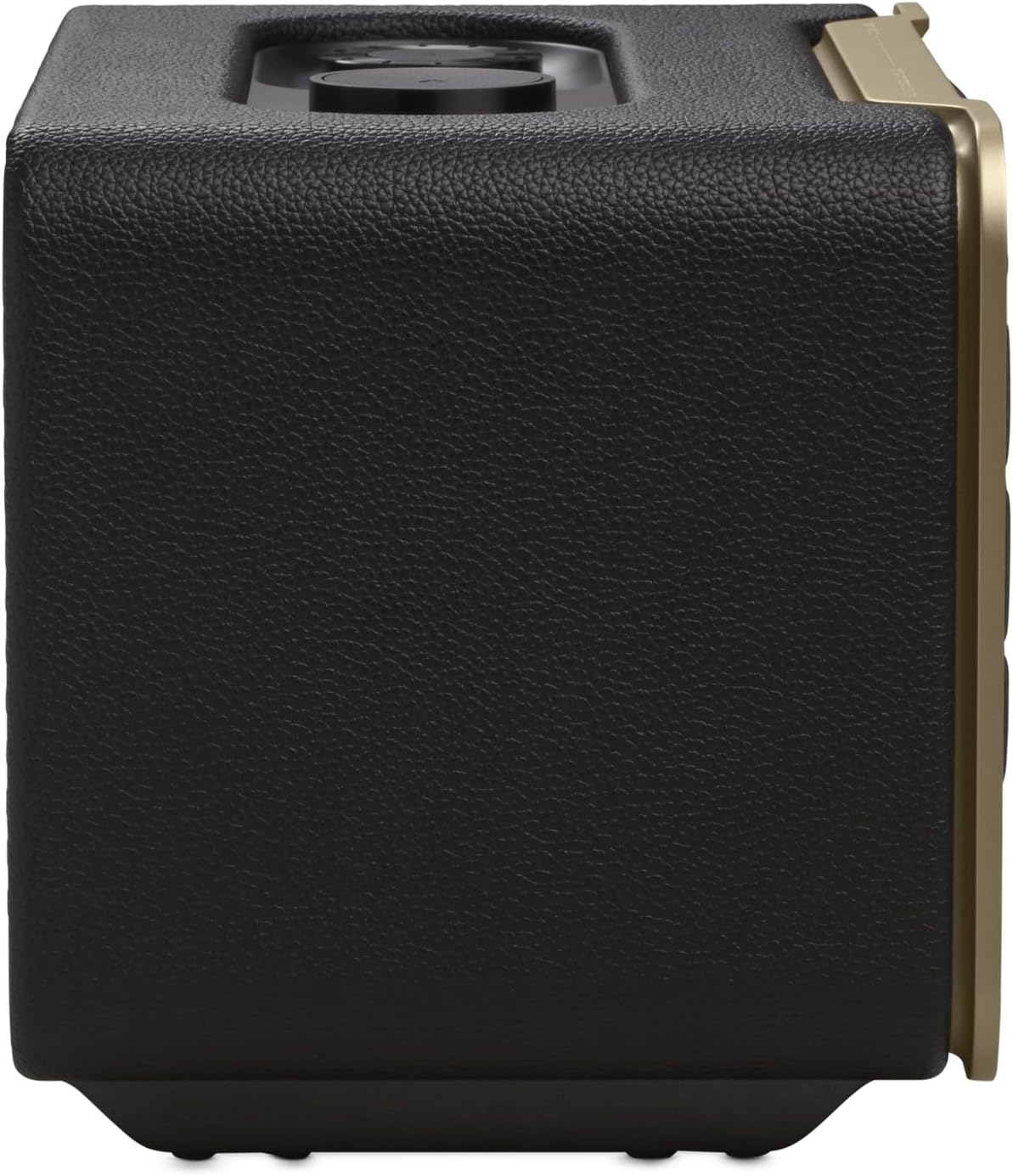 JBL smart home speaker side view with textured back, gold trim, and carry handle