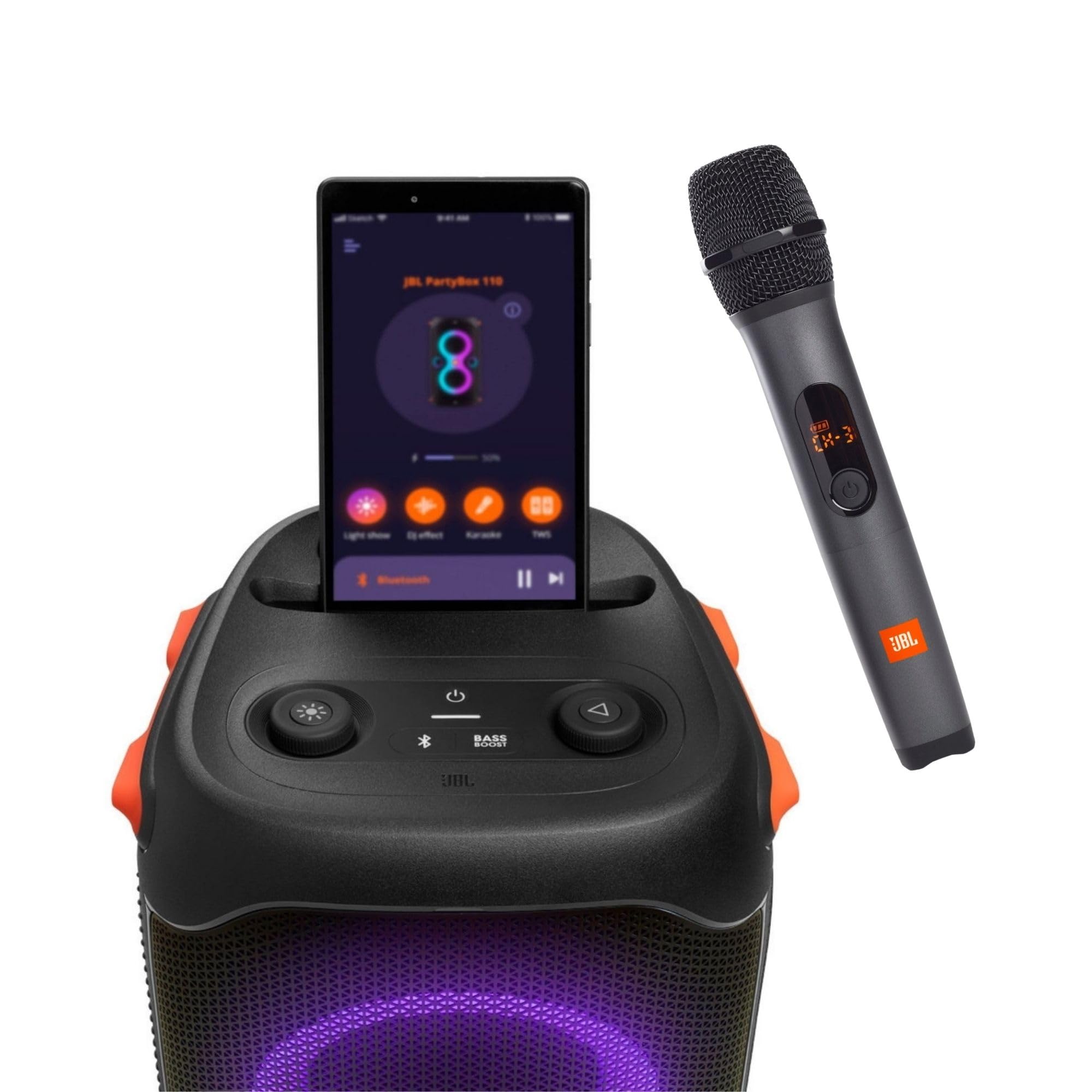 Black portable party speaker with control panel screen and wireless handheld microphone.