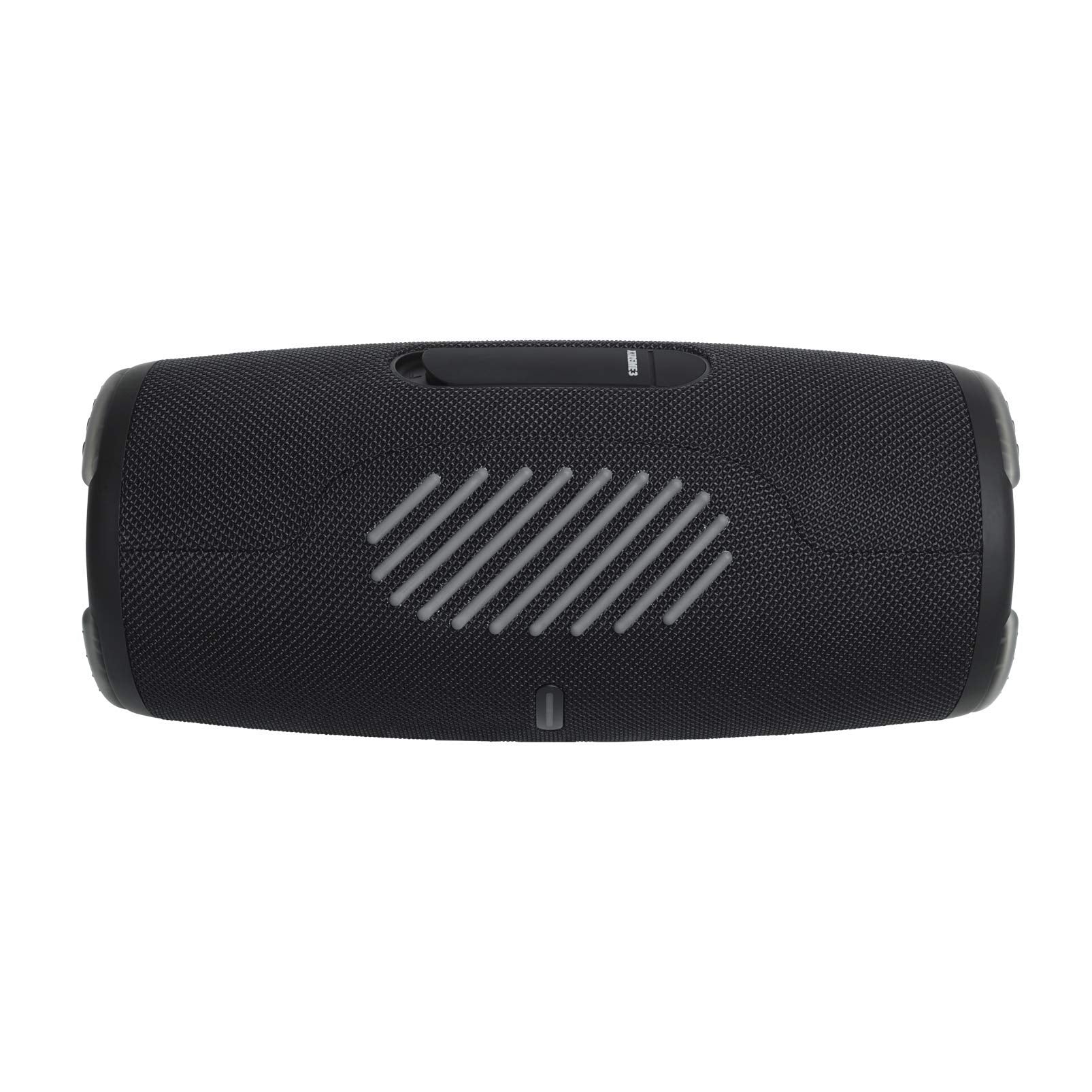 Portable waterproof Bluetooth speaker in black with speaker grille and top control bar