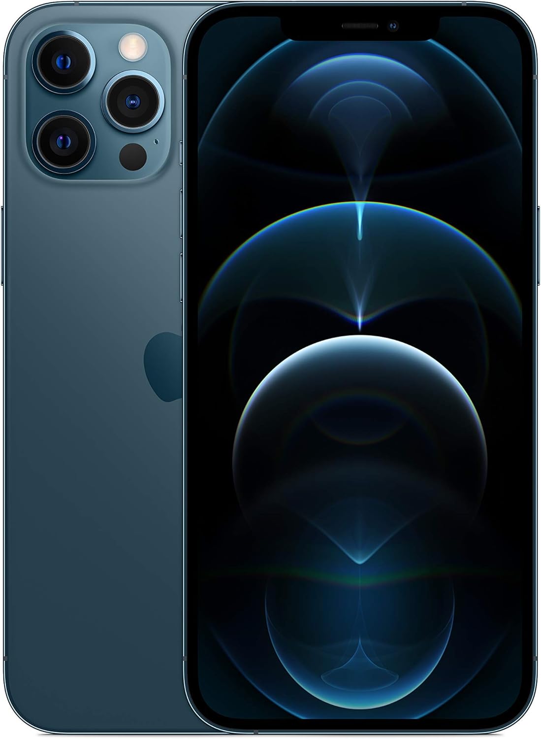 iPhone 12 Pro Max smartphone with blue back and front display, side-by-side front/back view