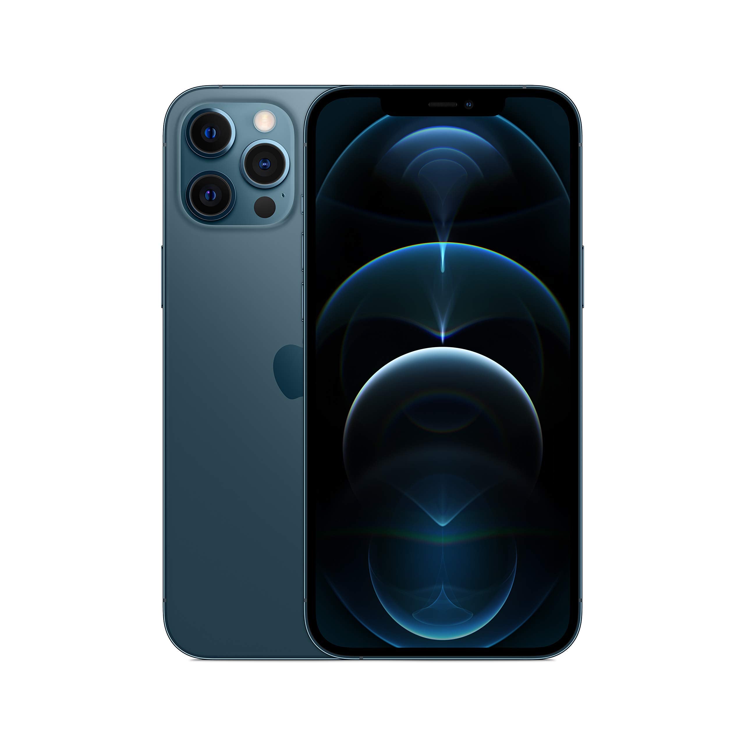 iPhone 12 Pro Max smartphone with blue back and front display, triple camera module visible