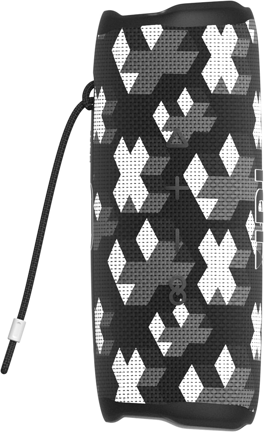 Portable JBL Flip 6 speaker with black-and-white geometric patterned fabric and strap