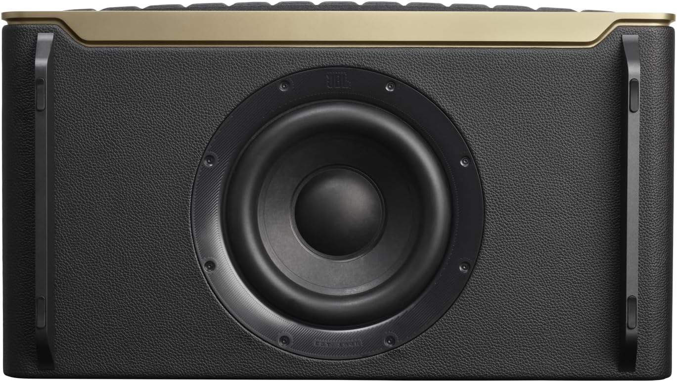 Black speaker front with large circular woofer driver and JBL-branded surround