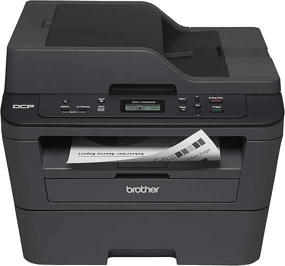 Black Brother monochrome laser multifunction printer, front view with document exiting tray