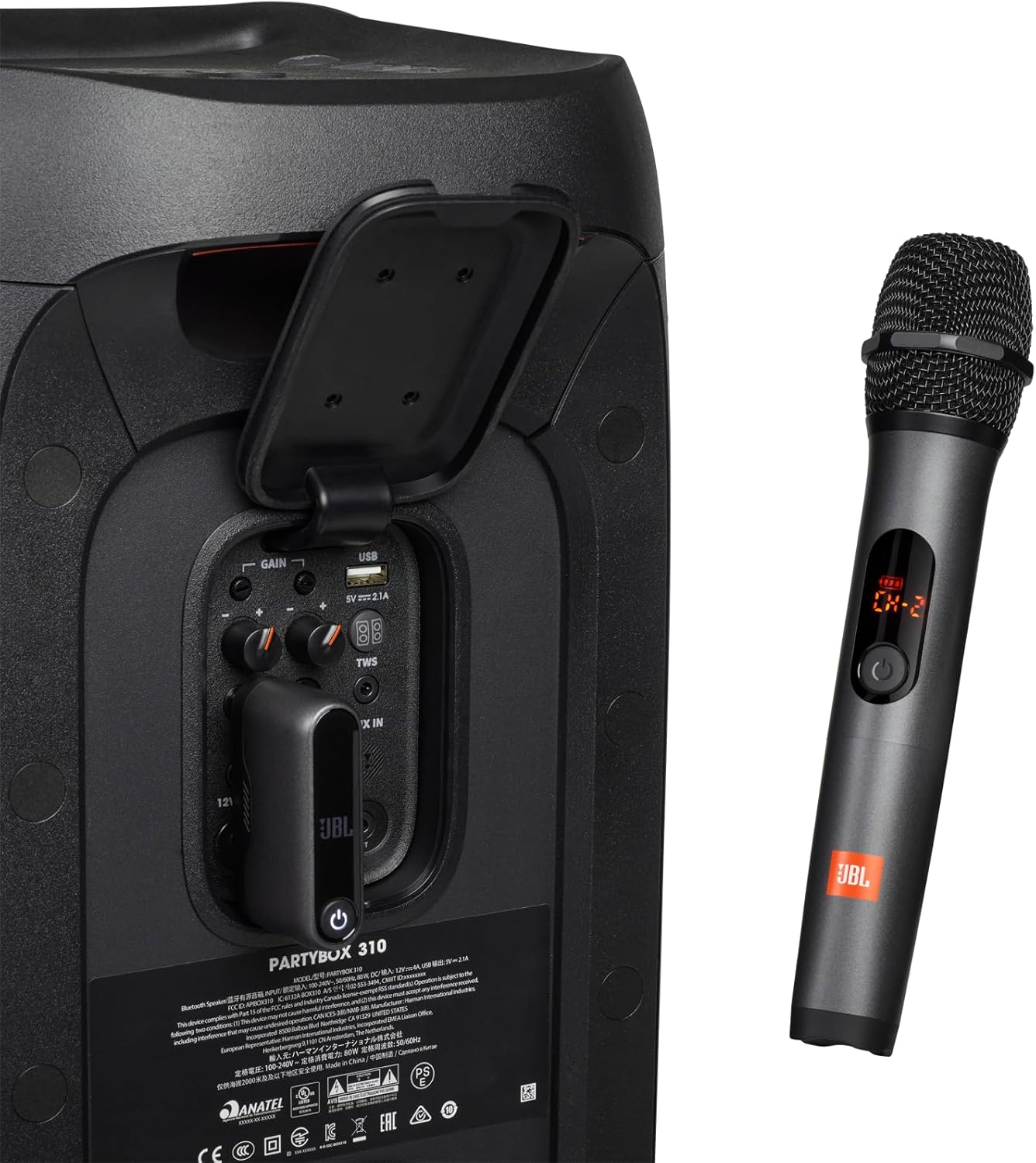 Black handheld JBL microphone with grille head and control panel label on side