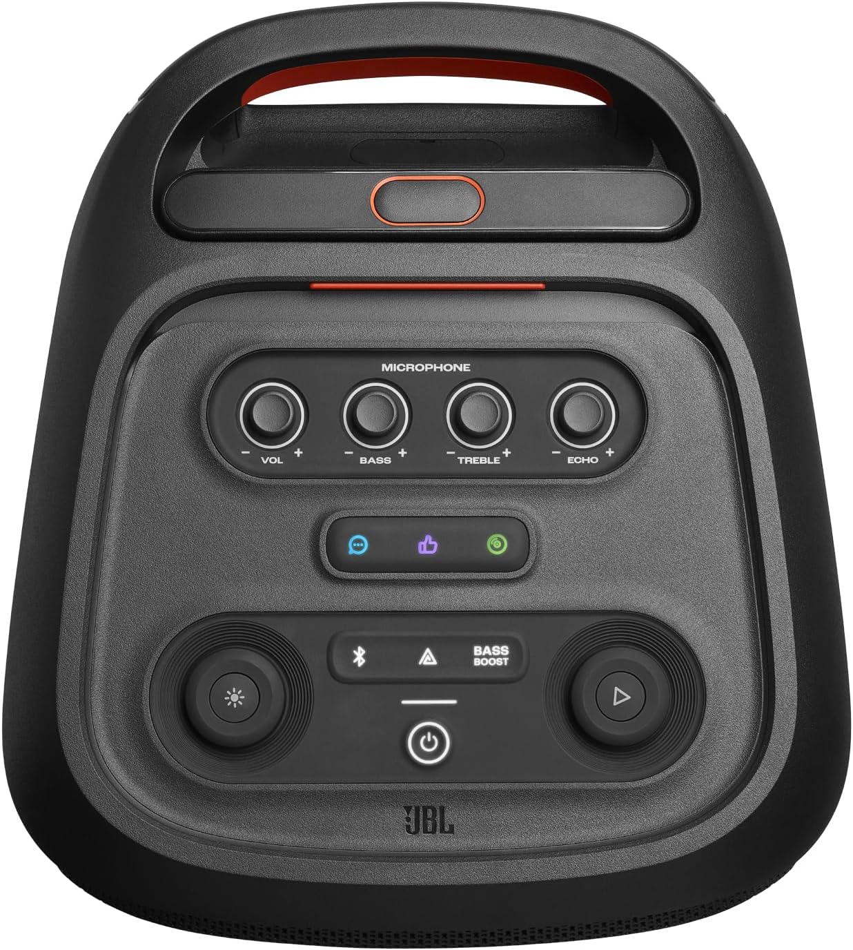 Portable Bluetooth speaker top controls with microphone volume and tone EQ buttons