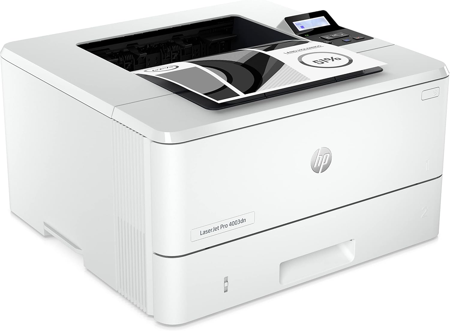 White HP LaserJet Pro laser printer, angled view with control screen and open tray