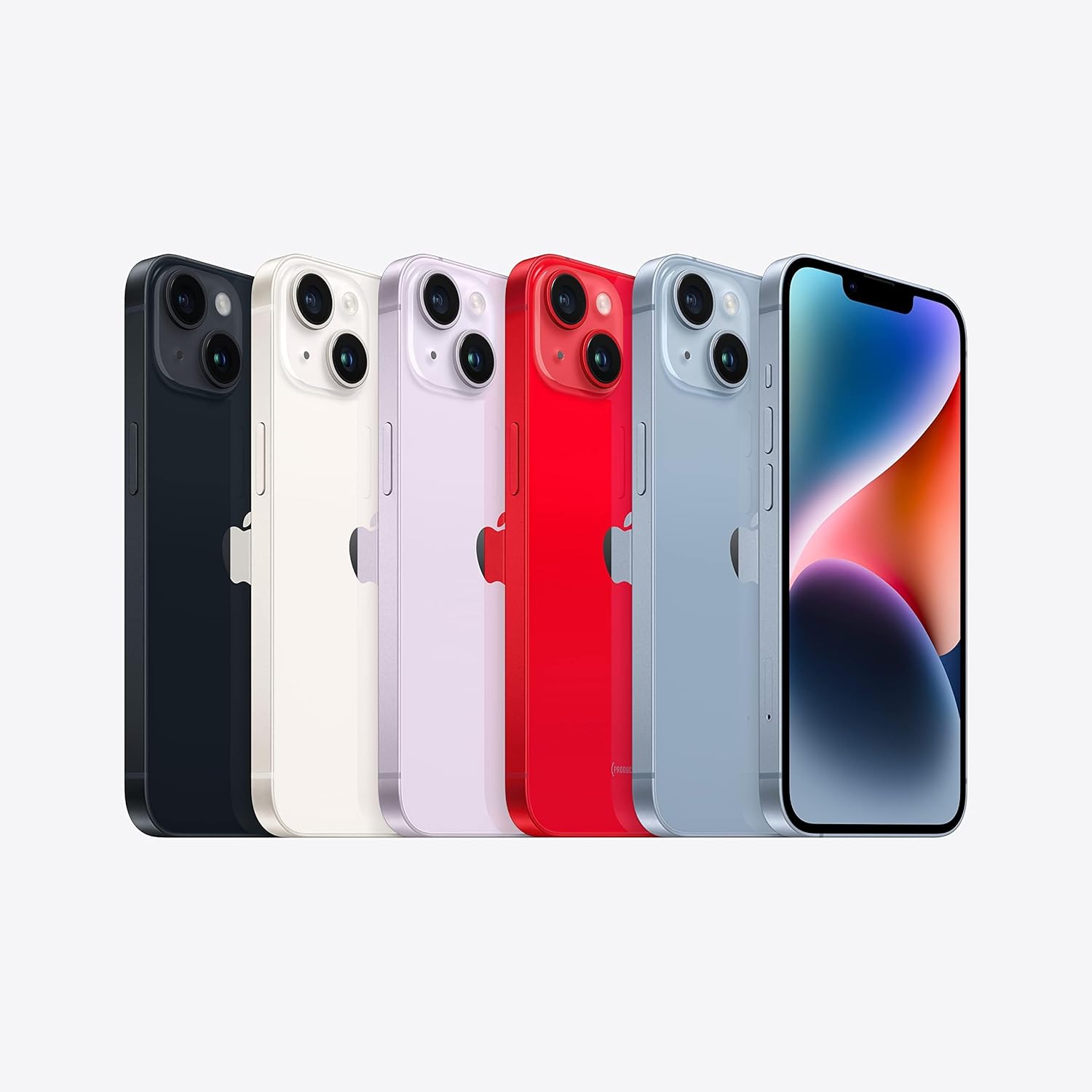 Set of smartphones in multiple colors with dual rear cameras, front-right phone visible