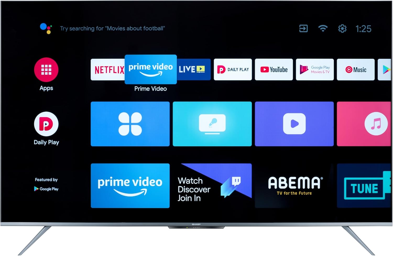 55-inch Sharp 4K smart LED TV with app home screen on display