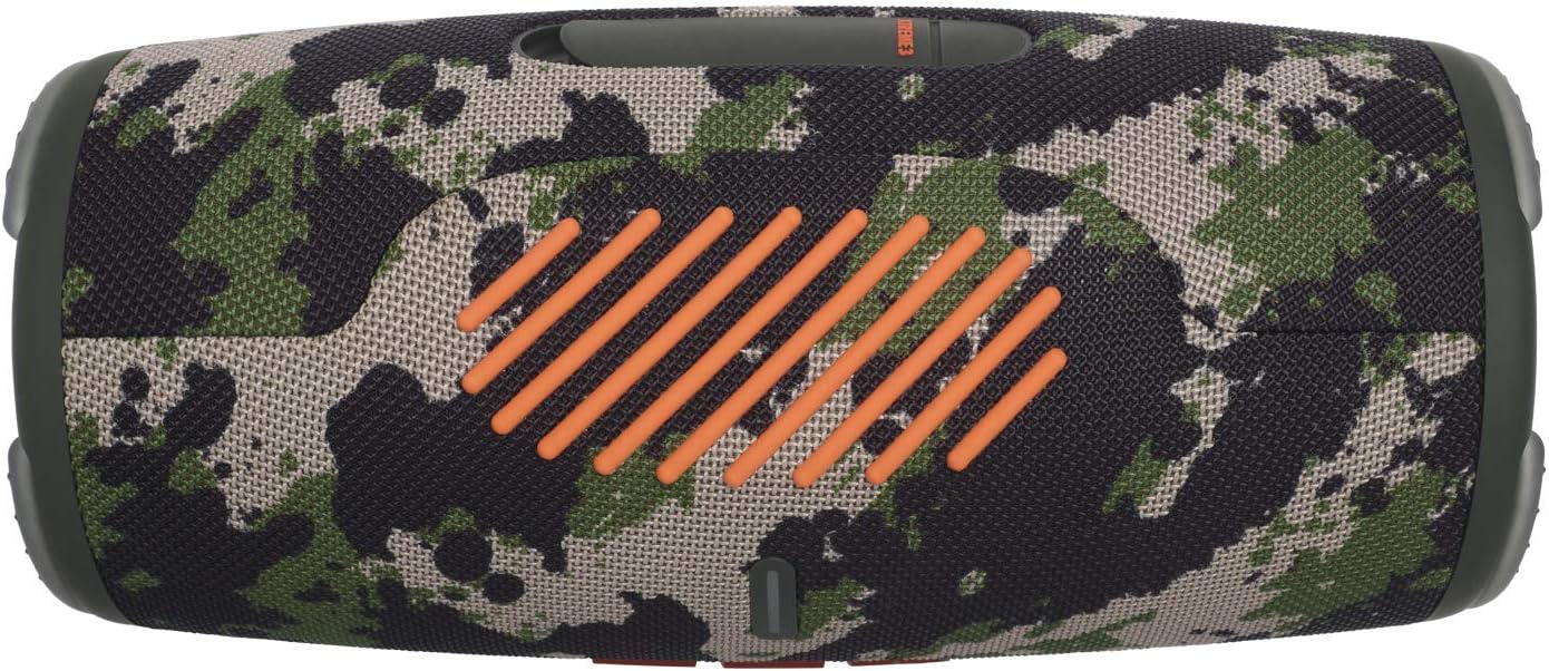 Portable waterproof Bluetooth speaker showing orange grille accents on camo front
